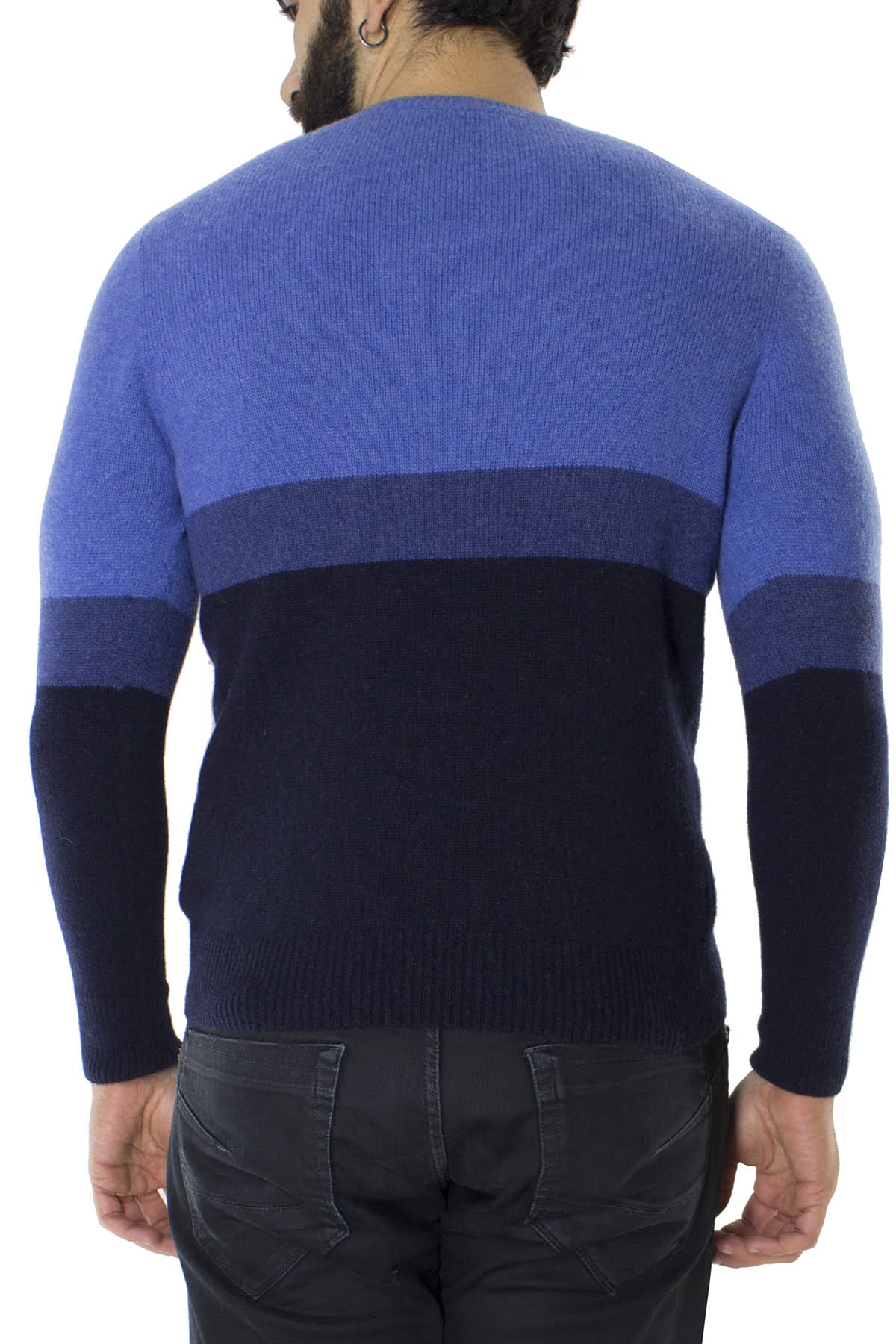 Maglione uomo Girocollo bluette in lana merinos a fasce multicolor slim fit made in italy