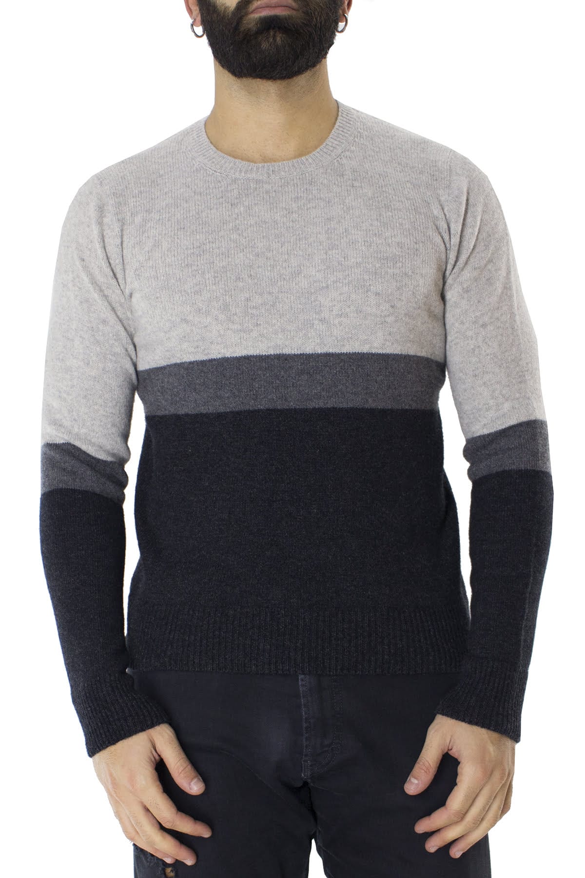 Maglione uomo Girocollo grigio chiaro in lana merinos a fasce multicolor slim fit made in italy