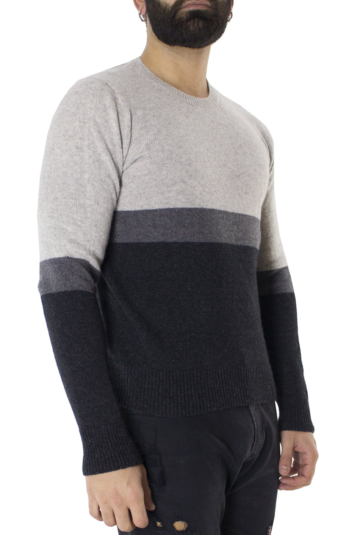 Maglione uomo Girocollo grigio chiaro in lana merinos a fasce multicolor slim fit made in italy