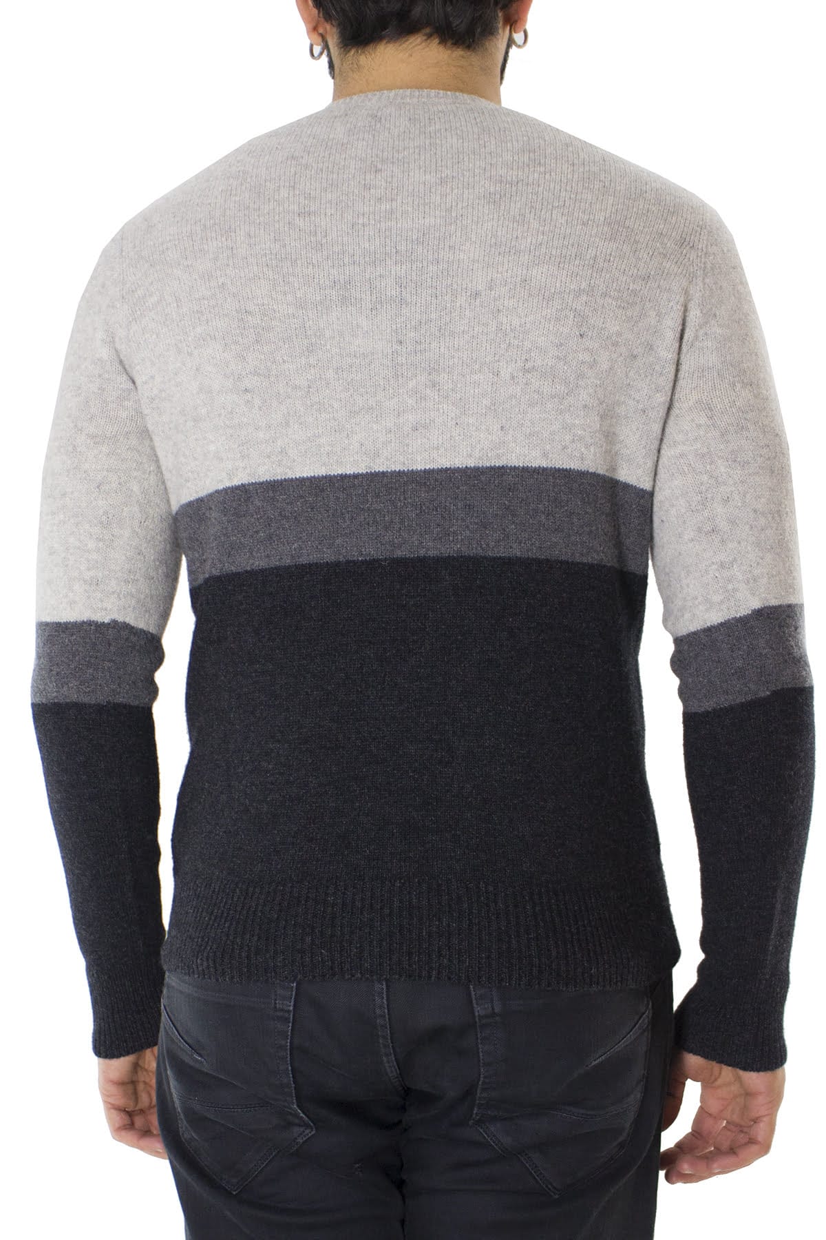Maglione uomo Girocollo grigio chiaro in lana merinos a fasce multicolor slim fit made in italy