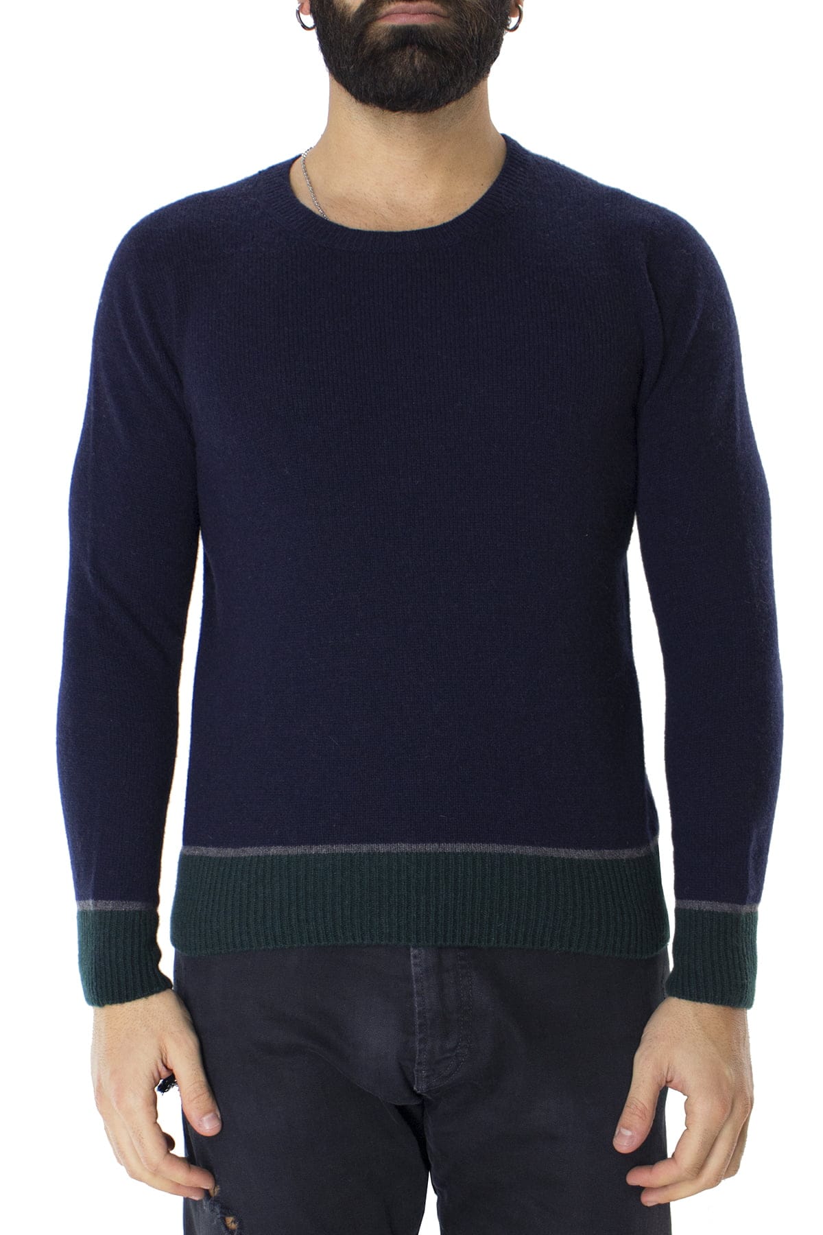 Maglione uomo Girocollo blu in lana con righe sul fondo slim fit made in italy