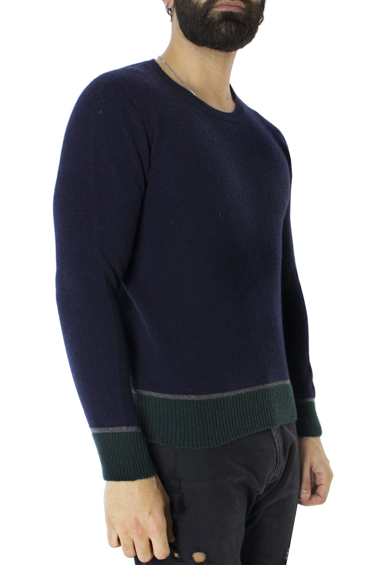 Maglione uomo Girocollo blu in lana con righe sul fondo slim fit made in italy