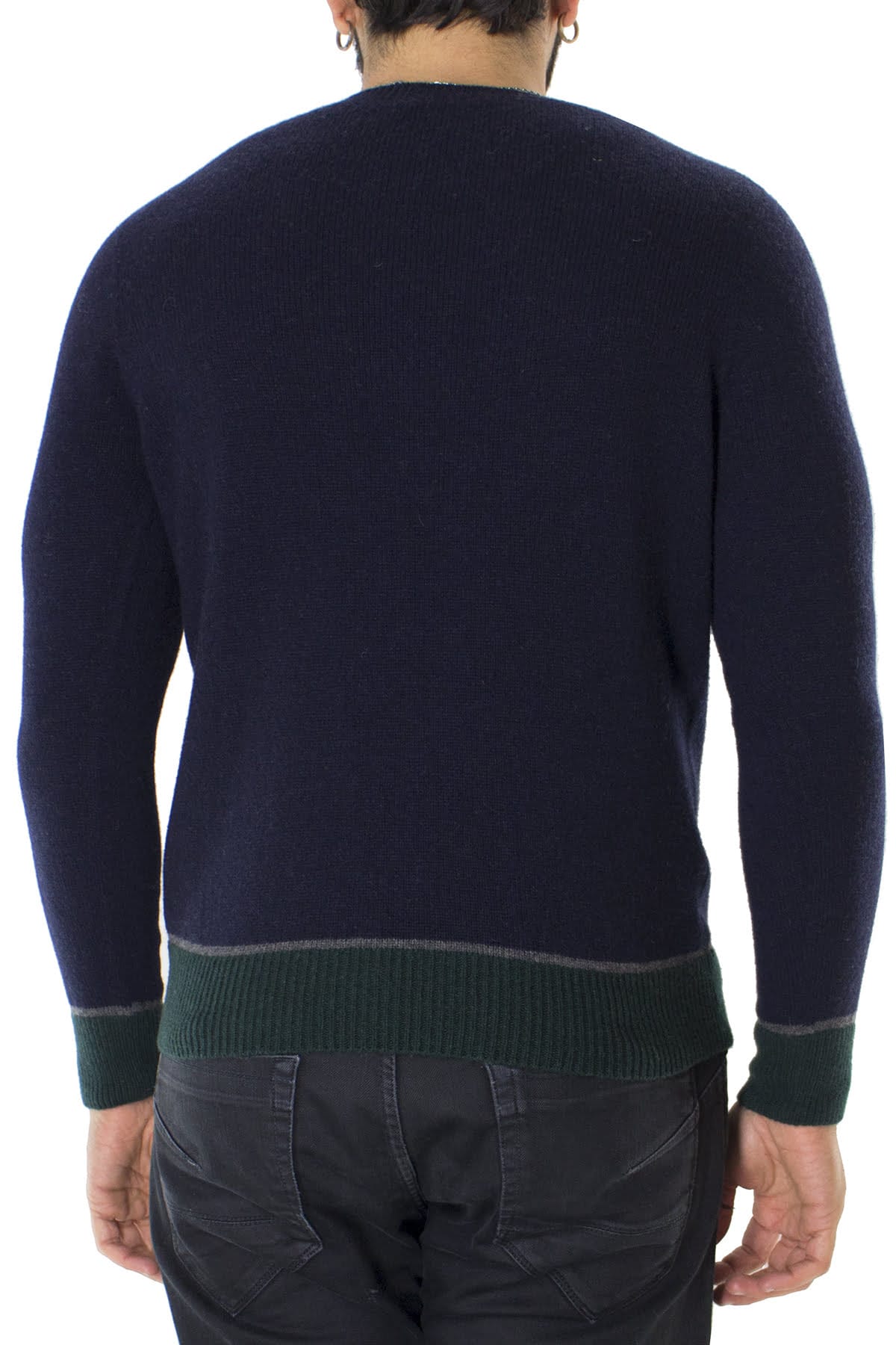 Maglione uomo Girocollo blu in lana con righe sul fondo slim fit made in italy