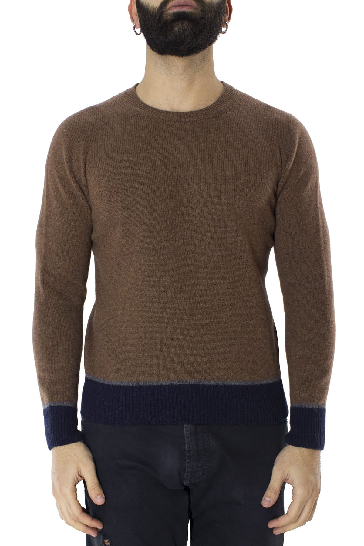 Maglione uomo Girocollo biscotto in lana con righe sul fondo slim fit made in italy