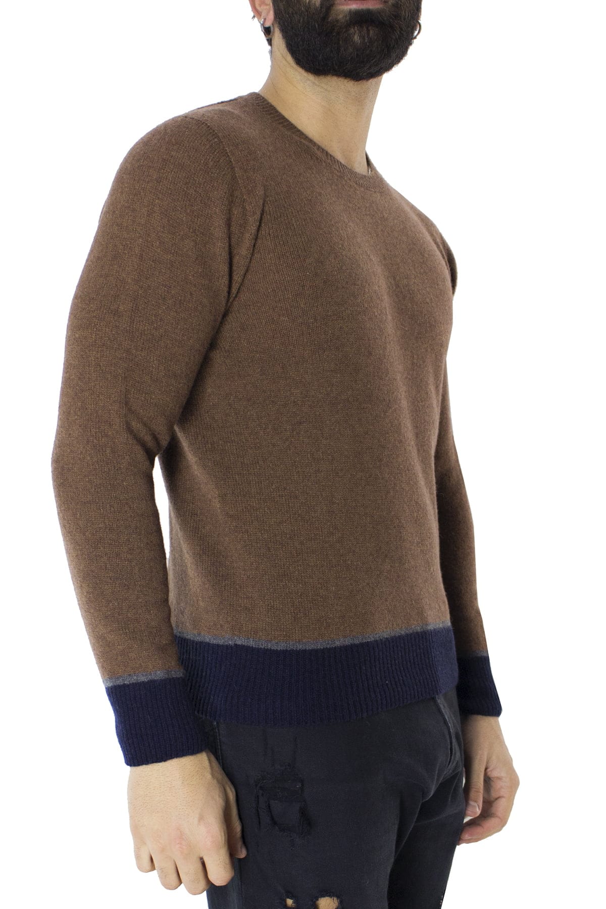 Maglione uomo Girocollo biscotto in lana con righe sul fondo slim fit made in italy