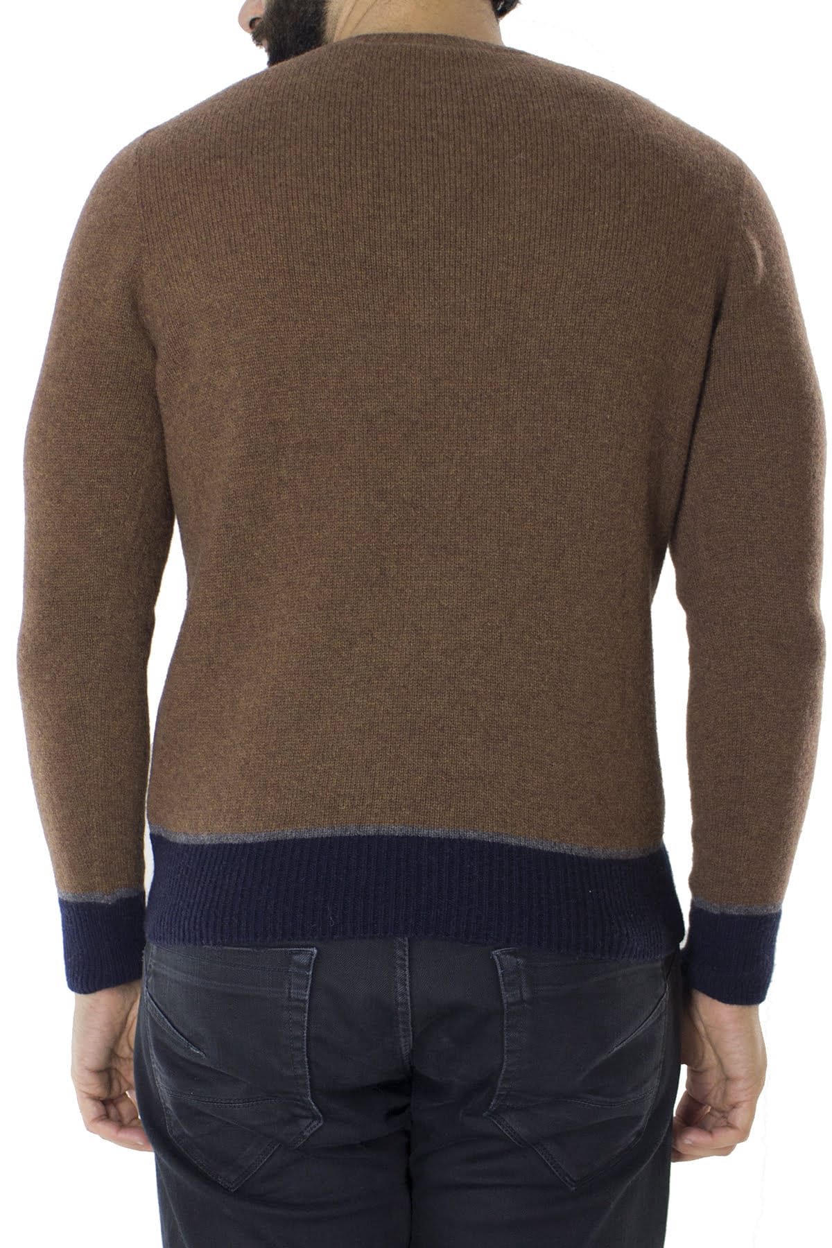 Maglione uomo Girocollo biscotto in lana con righe sul fondo slim fit made in italy