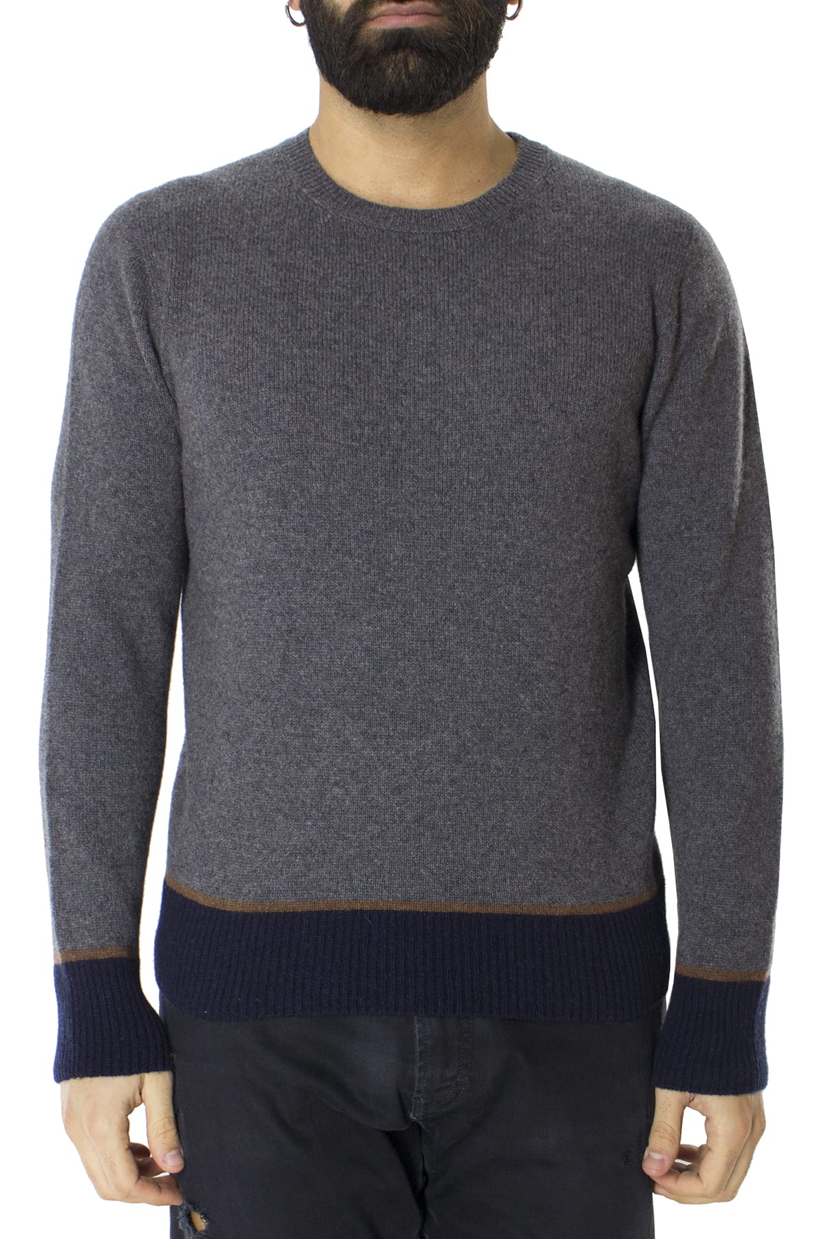 Maglione uomo Girocollo grigio in lana con righe sul fondo slim fit made in italy