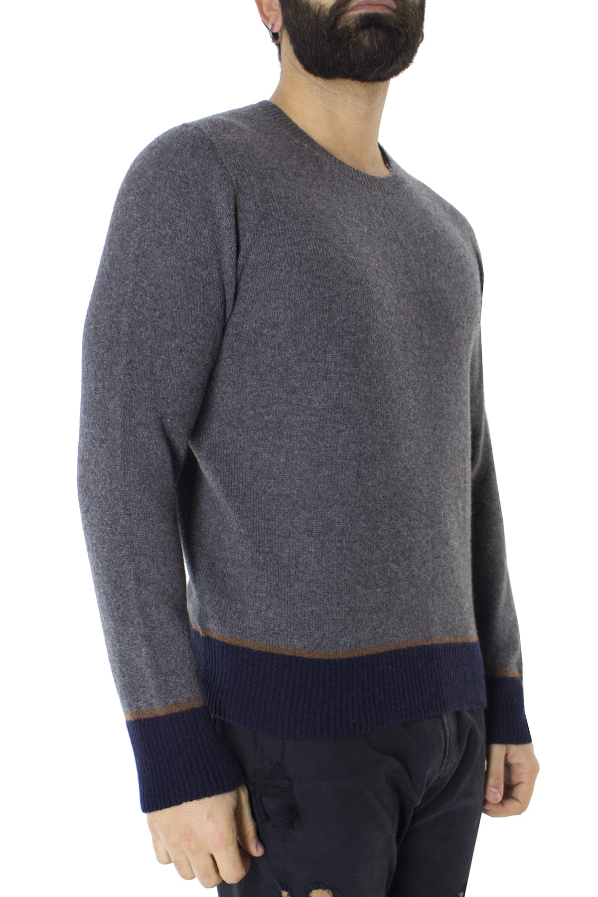Maglione uomo Girocollo grigio in lana con righe sul fondo slim fit made in italy