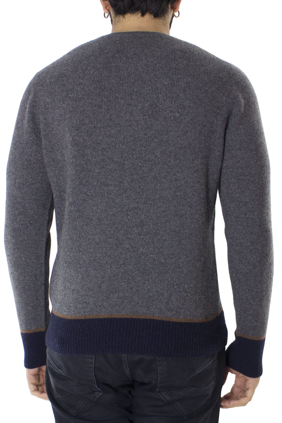Maglione uomo Girocollo grigio in lana con righe sul fondo slim fit made in italy