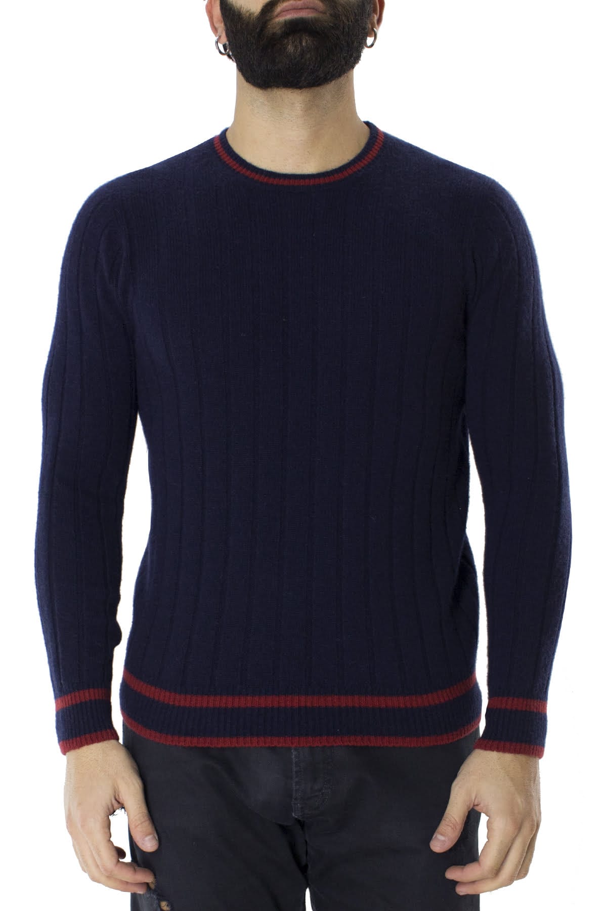 Maglione uomo Girocollo blu a coste in lana merinos con bordini rossi slim fit made in italy