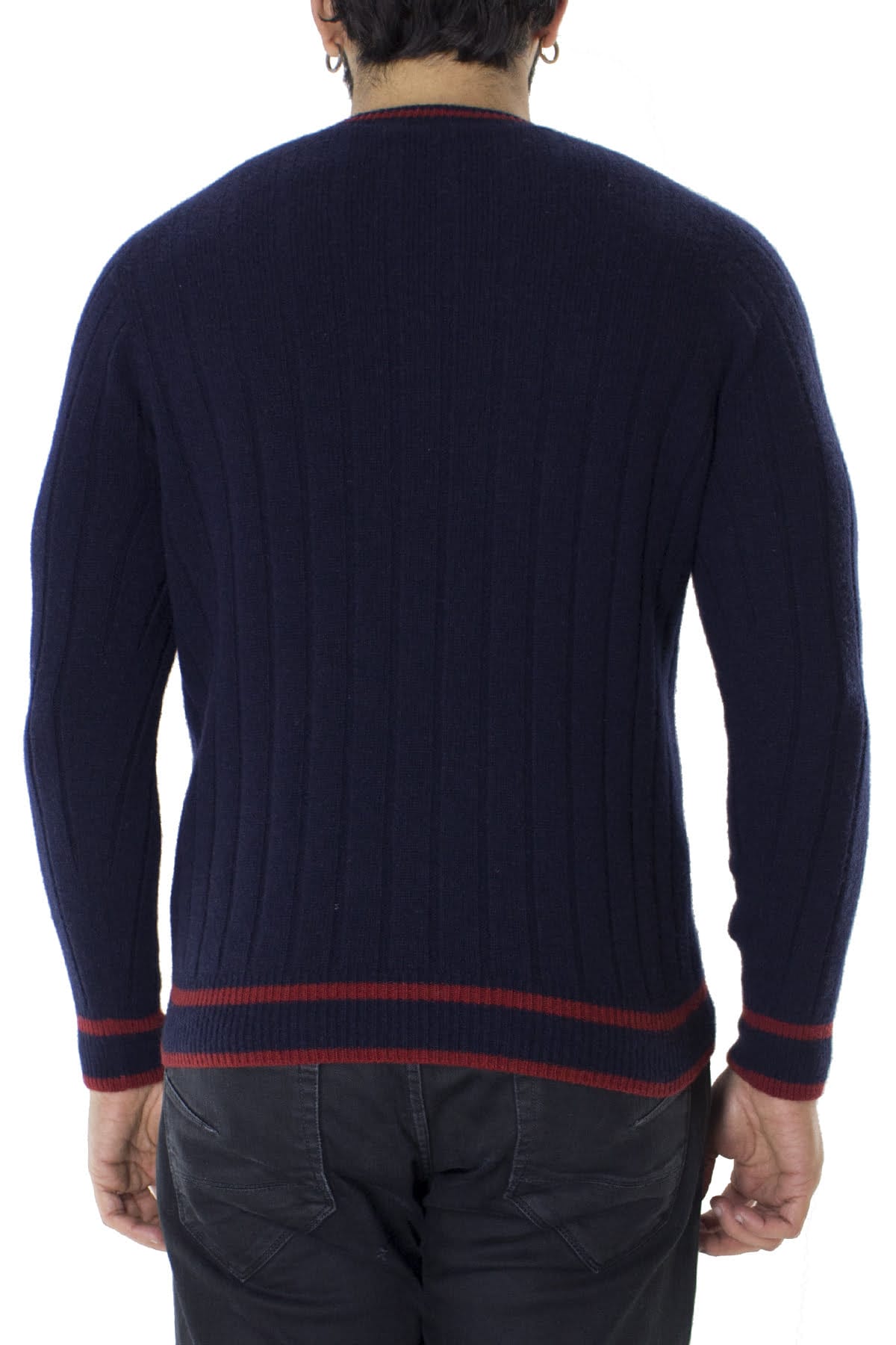 Maglione uomo Girocollo blu a coste in lana merinos con bordini rossi slim fit made in italy