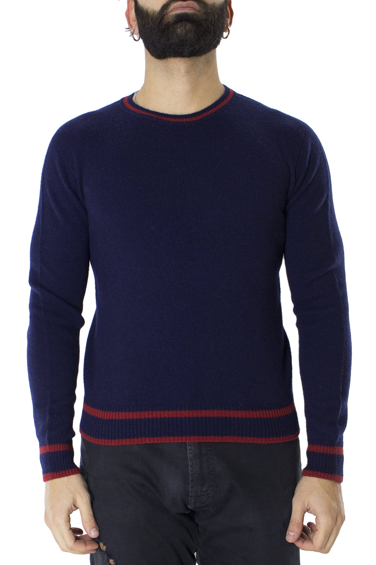 Maglione uomo Girocollo blu in lana merinos con bordini rossi slim fit made in italy