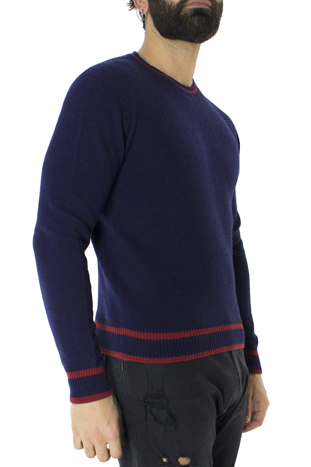 Maglione uomo Girocollo blu in lana merinos con bordini rossi slim fit made in italy