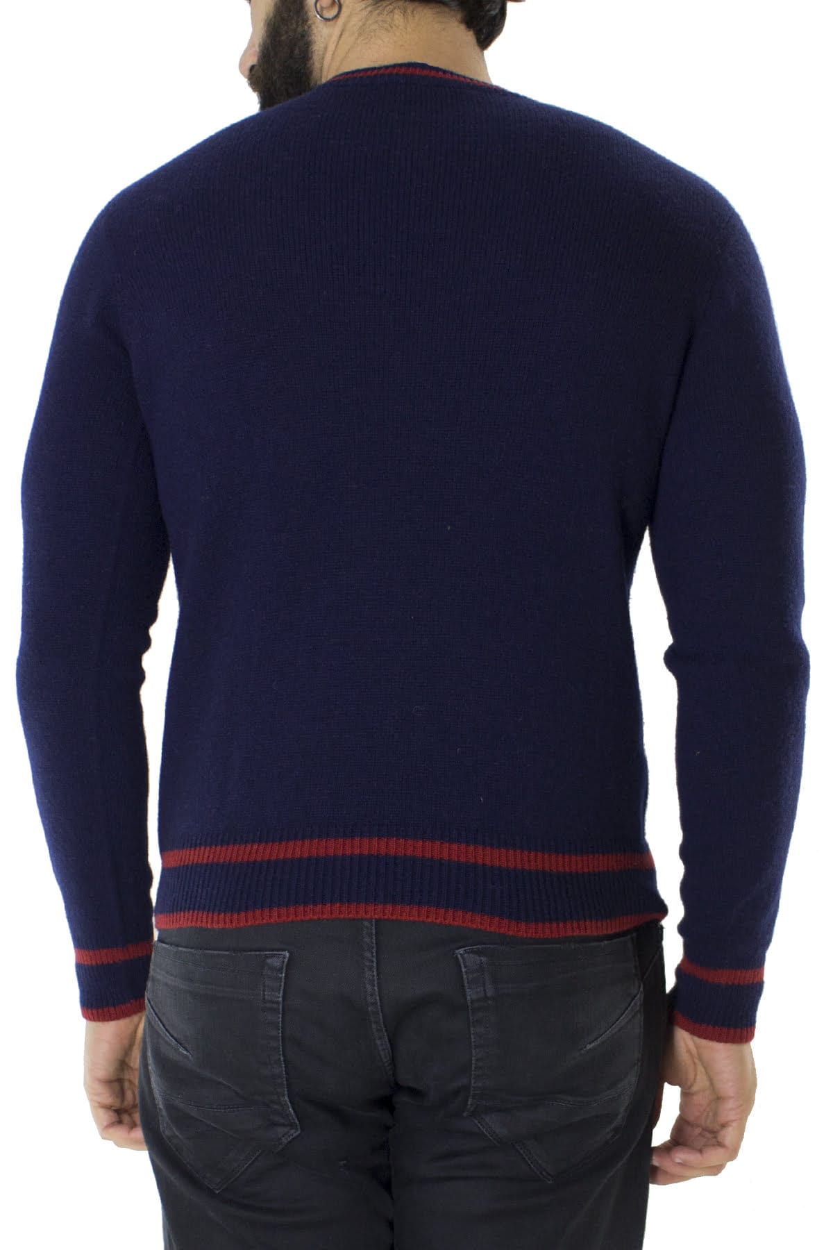 Maglione uomo Girocollo blu in lana merinos con bordini rossi slim fit made in italy