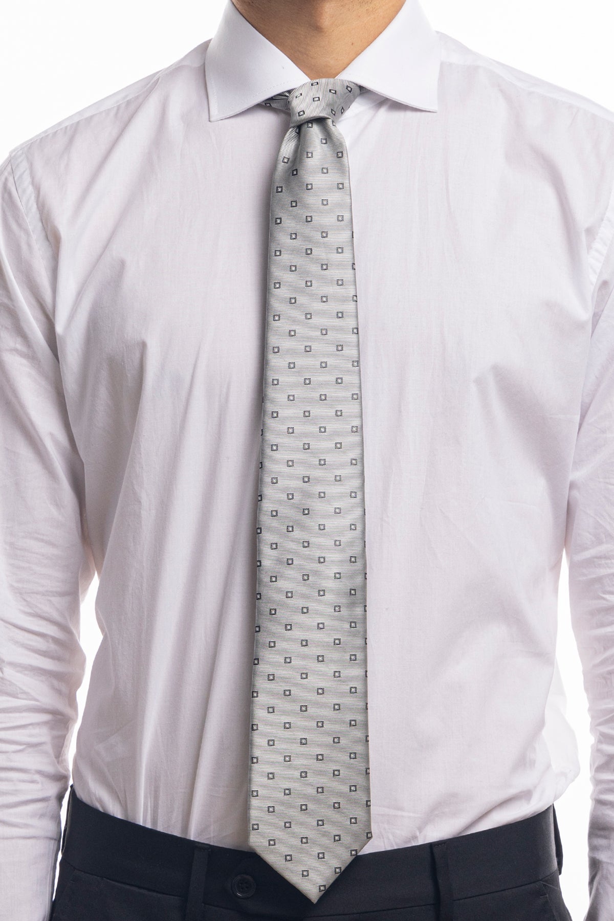 Cravatta uomo grigia fantasia quadretti grigio scuro 8cm da cerimonia elegante effetto seta