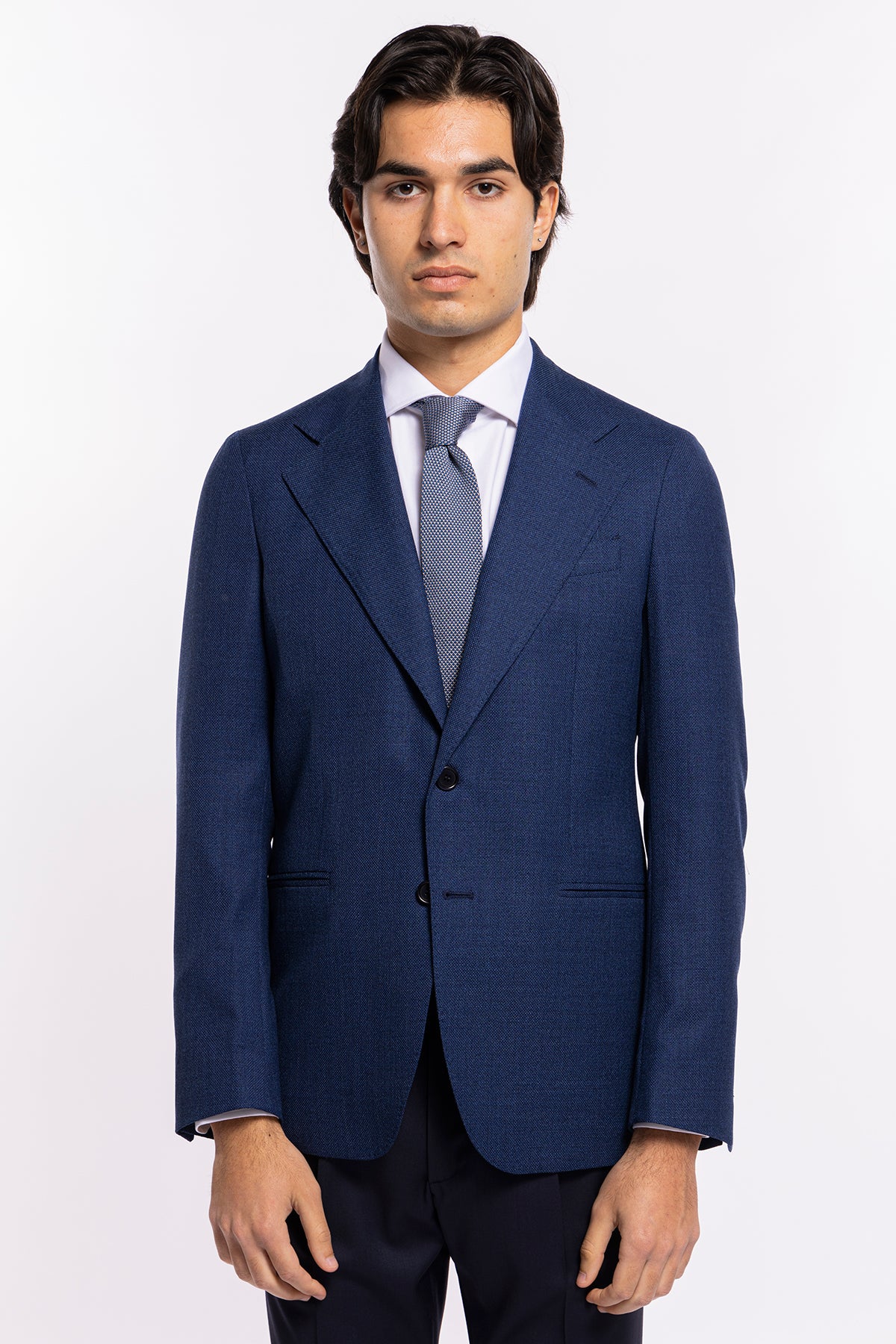 Giacca uomo monopetto Blu nido d'ape 100% lana Bristol Tessuti Napoli Rever largo classico