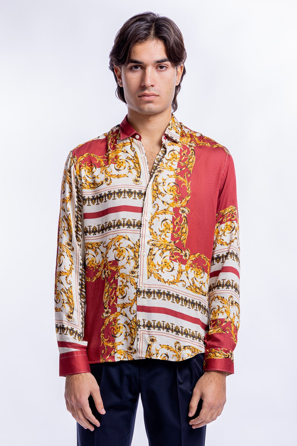 Camicia Uomo In Viscosa fantasia barocca Bordeaux vestibilita comoda Collo Italiano