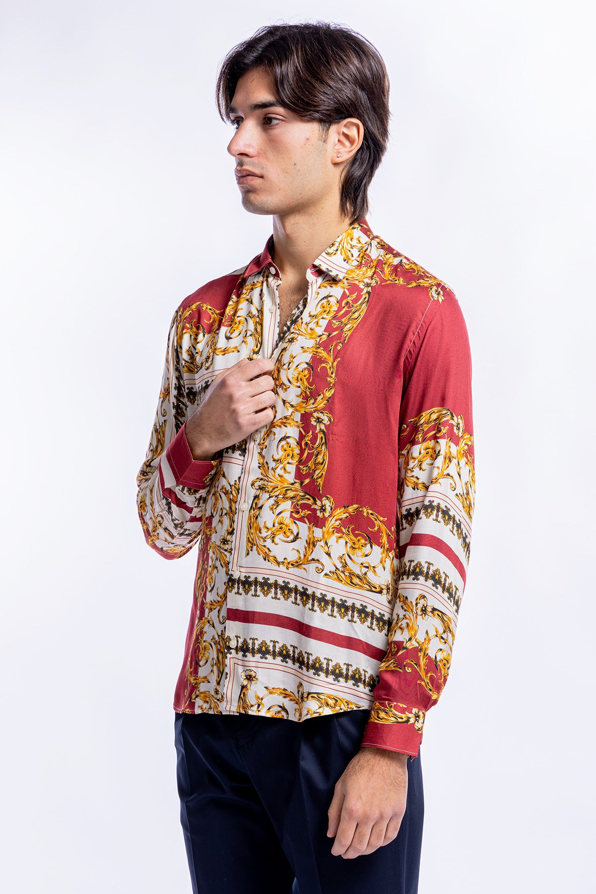 Camicia Uomo In Viscosa fantasia barocca Bordeaux vestibilita comoda Collo Italiano