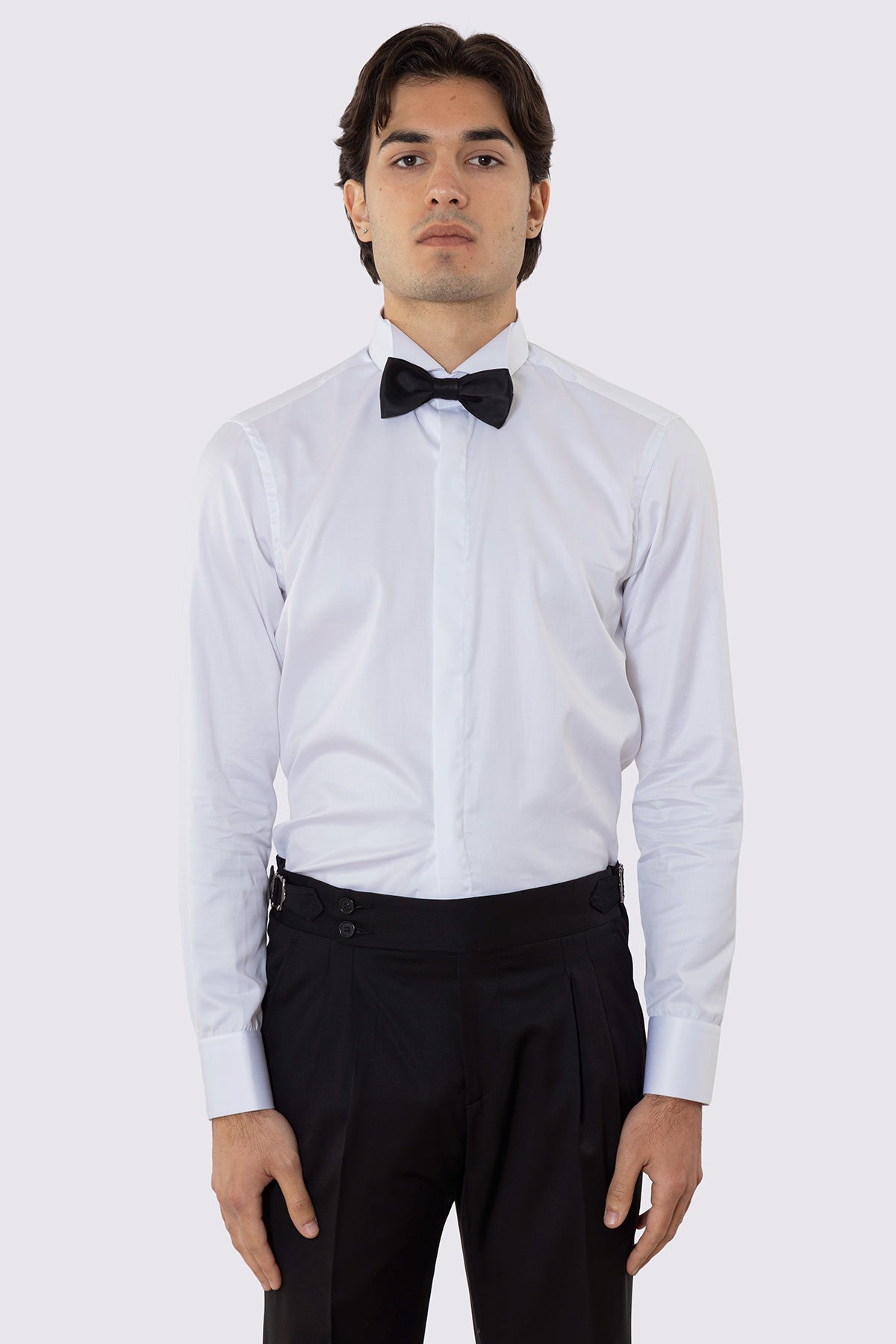 Camicia Bianca collo diplomatico bottoni a scomparsa uomo 100% Cotone polso gemelli fintone a scomparsa dietro al collo per papillon slim fit