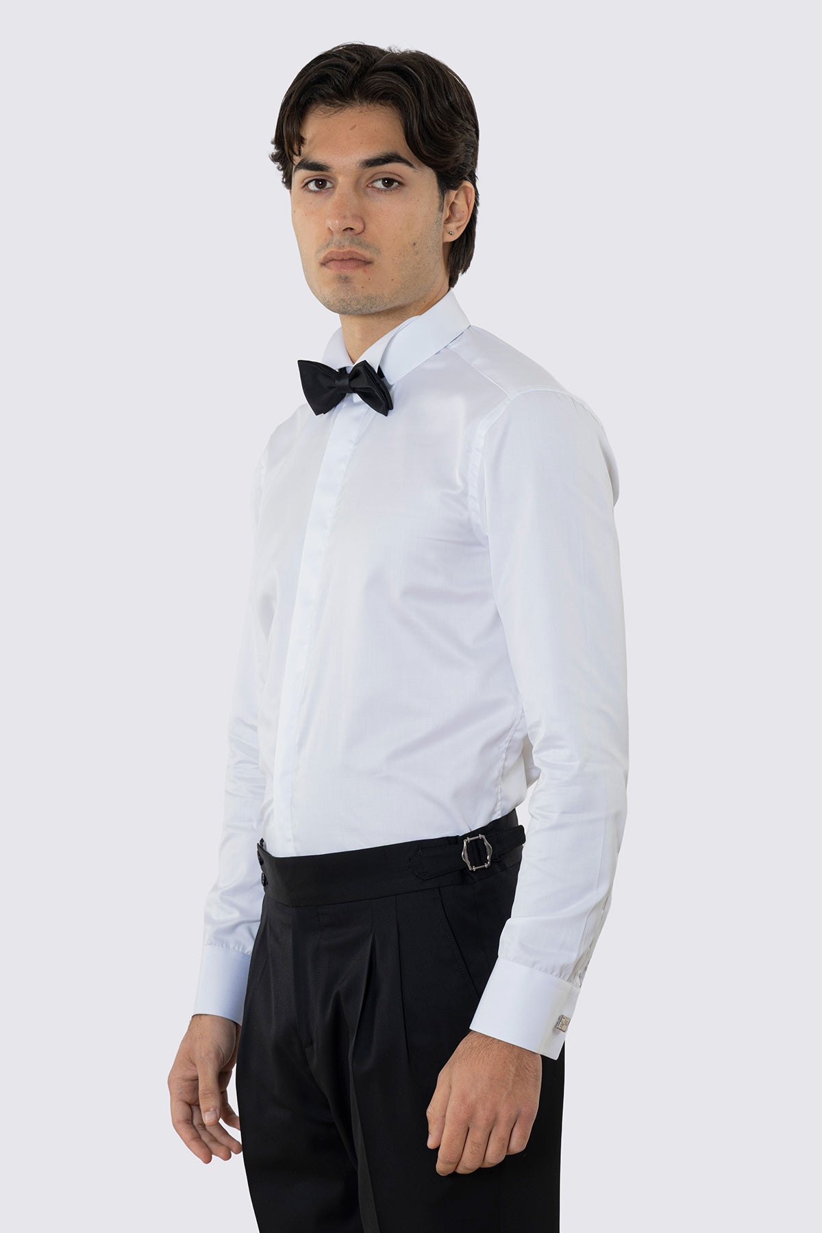 Camicia Bianca collo diplomatico bottoni a scomparsa uomo 100% Cotone polso gemelli fintone a scomparsa dietro al collo per papillon slim fit