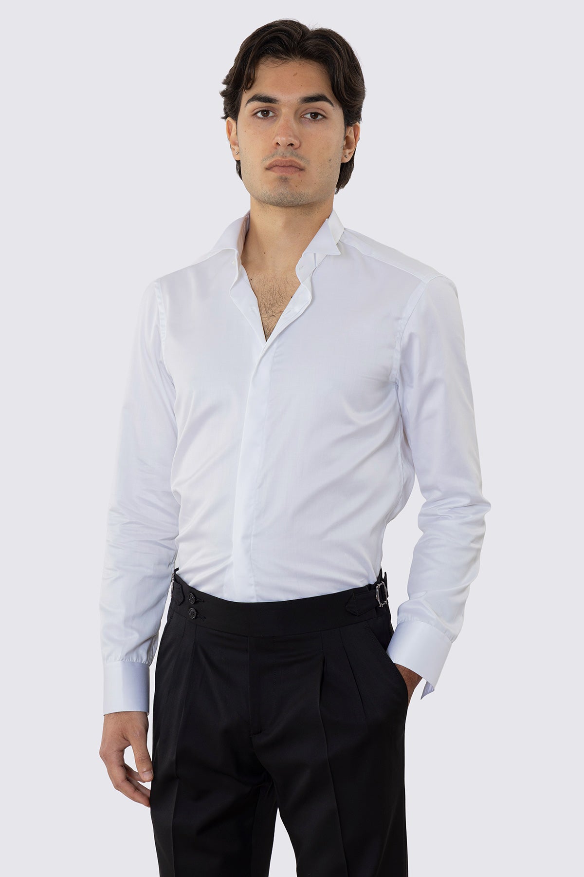 Camicia Bianca collo diplomatico bottoni a scomparsa uomo 100% Cotone polso gemelli fintone a scomparsa dietro al collo per papillon slim fit