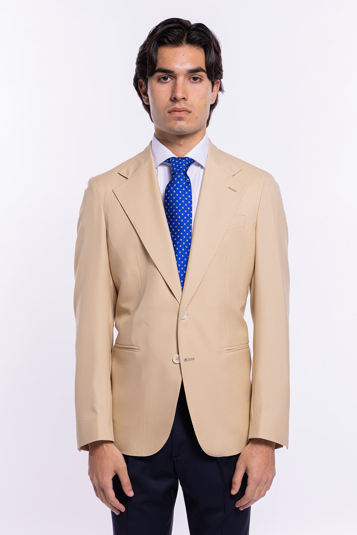Giacca uomo monopetto Beige fresco lana super 140's Holland & Sherry Rever largo classico