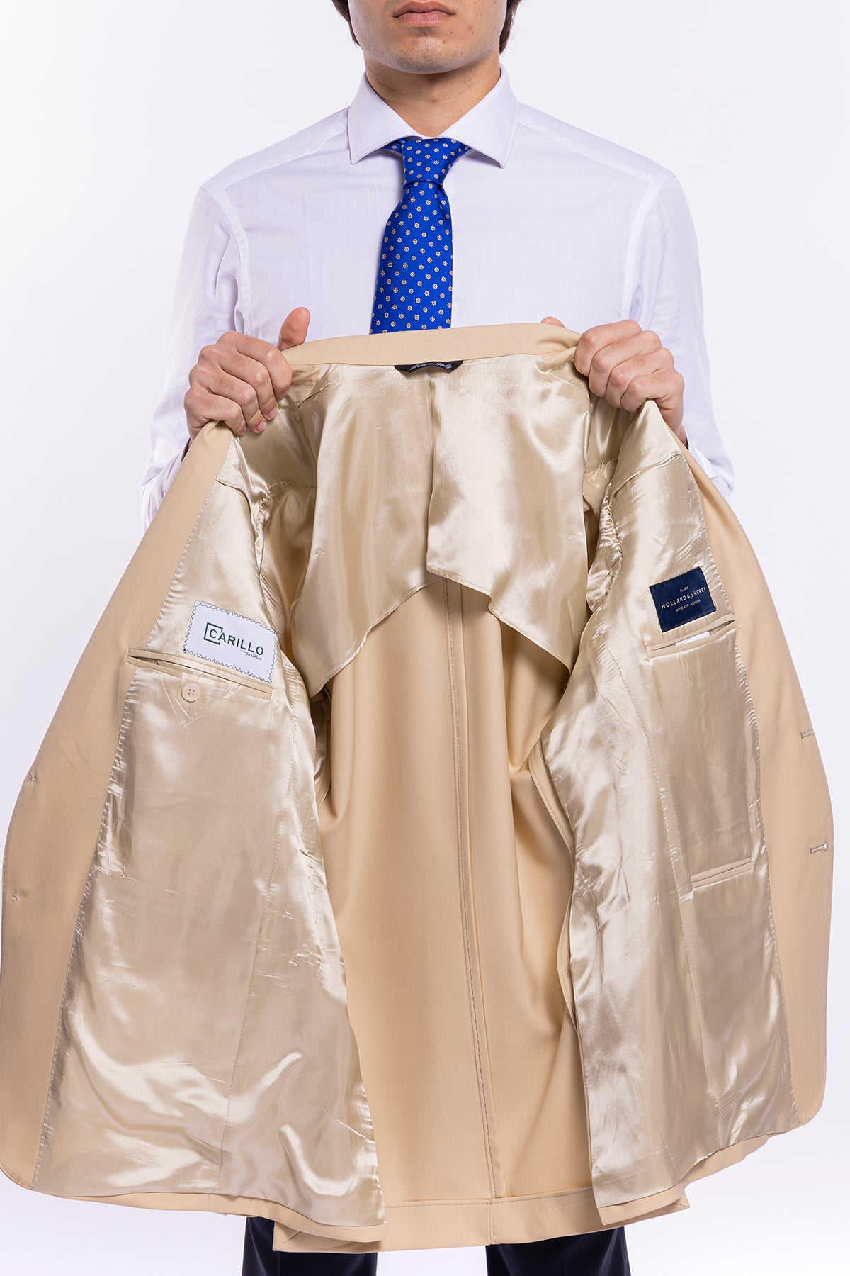 Giacca uomo monopetto Beige fresco lana super 140's Holland & Sherry Rever largo classico