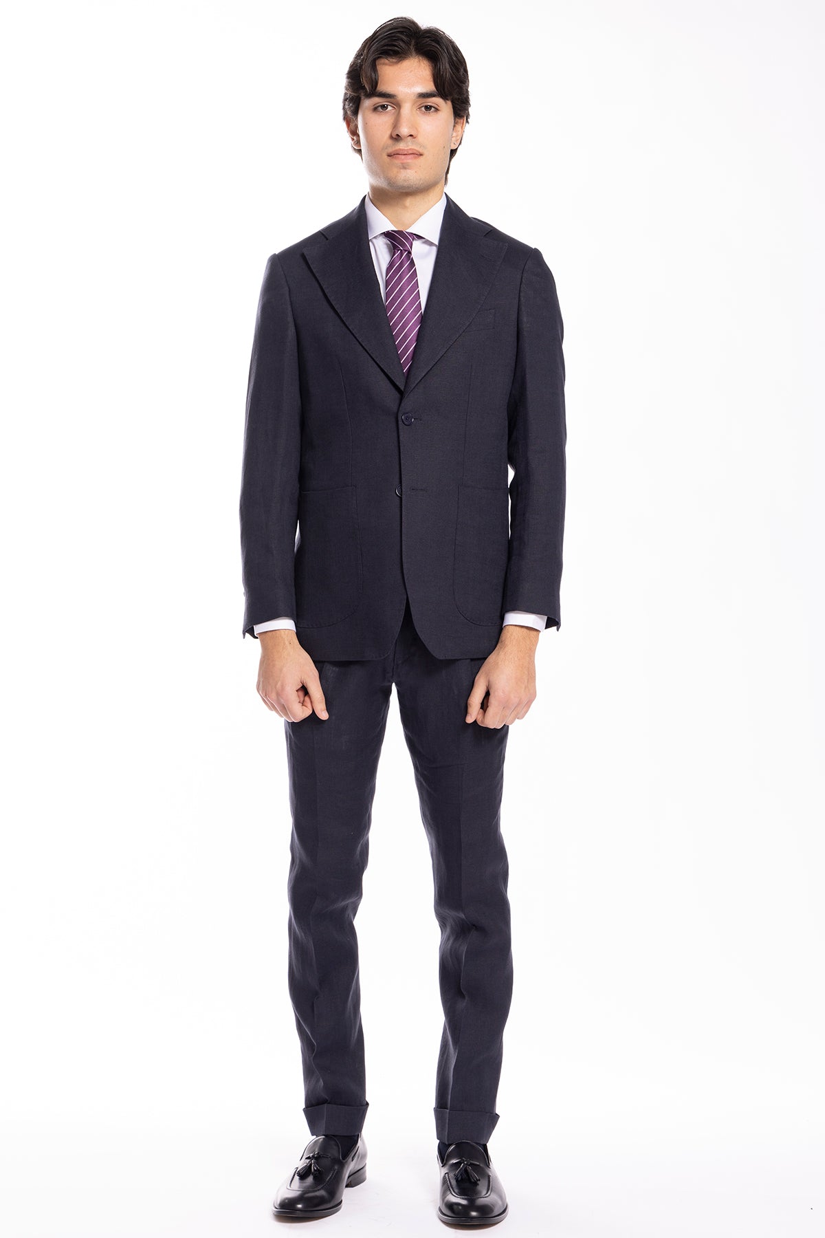 Abito uomo monopetto Navy blu in lino 100% Rever largo tasche a toppe vestibilità regular fit