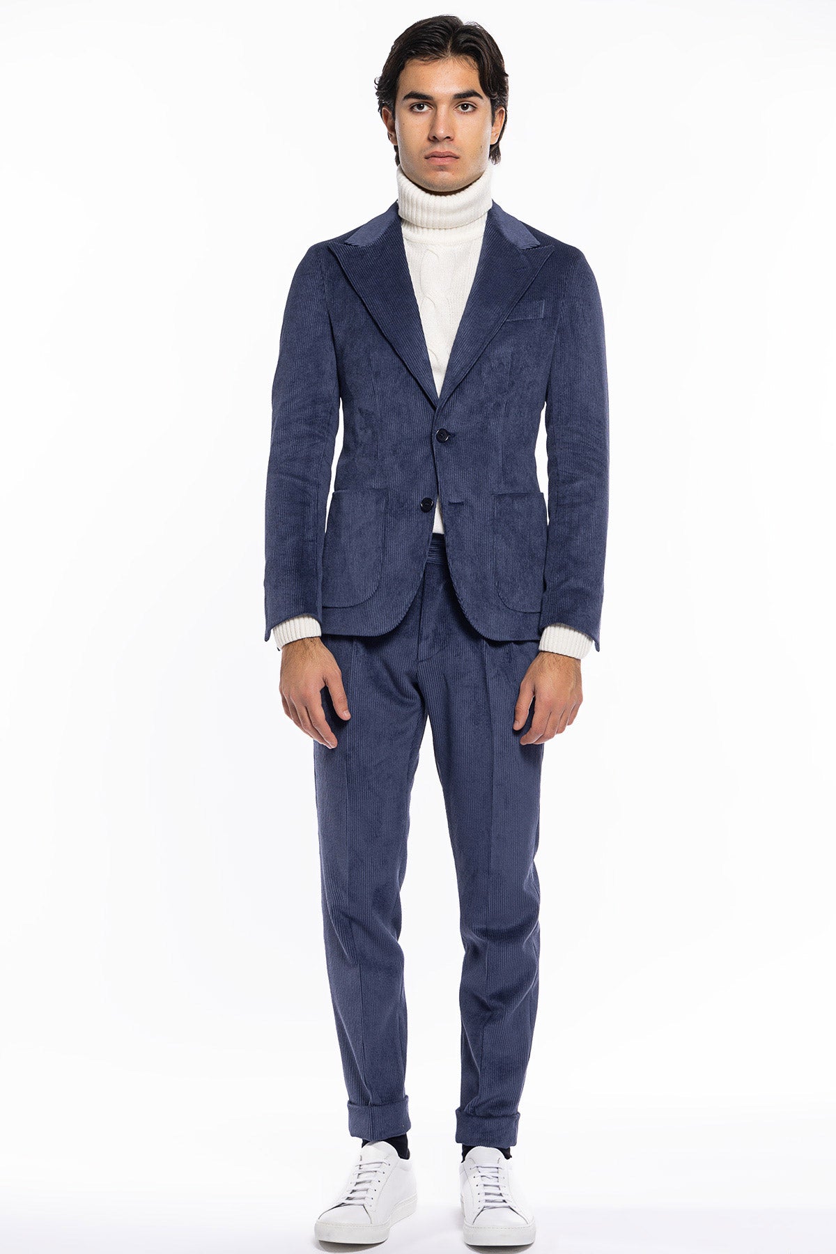 Abito uomo monopetto color denim in velluto a costine strette Rever a lancia tasche a toppe