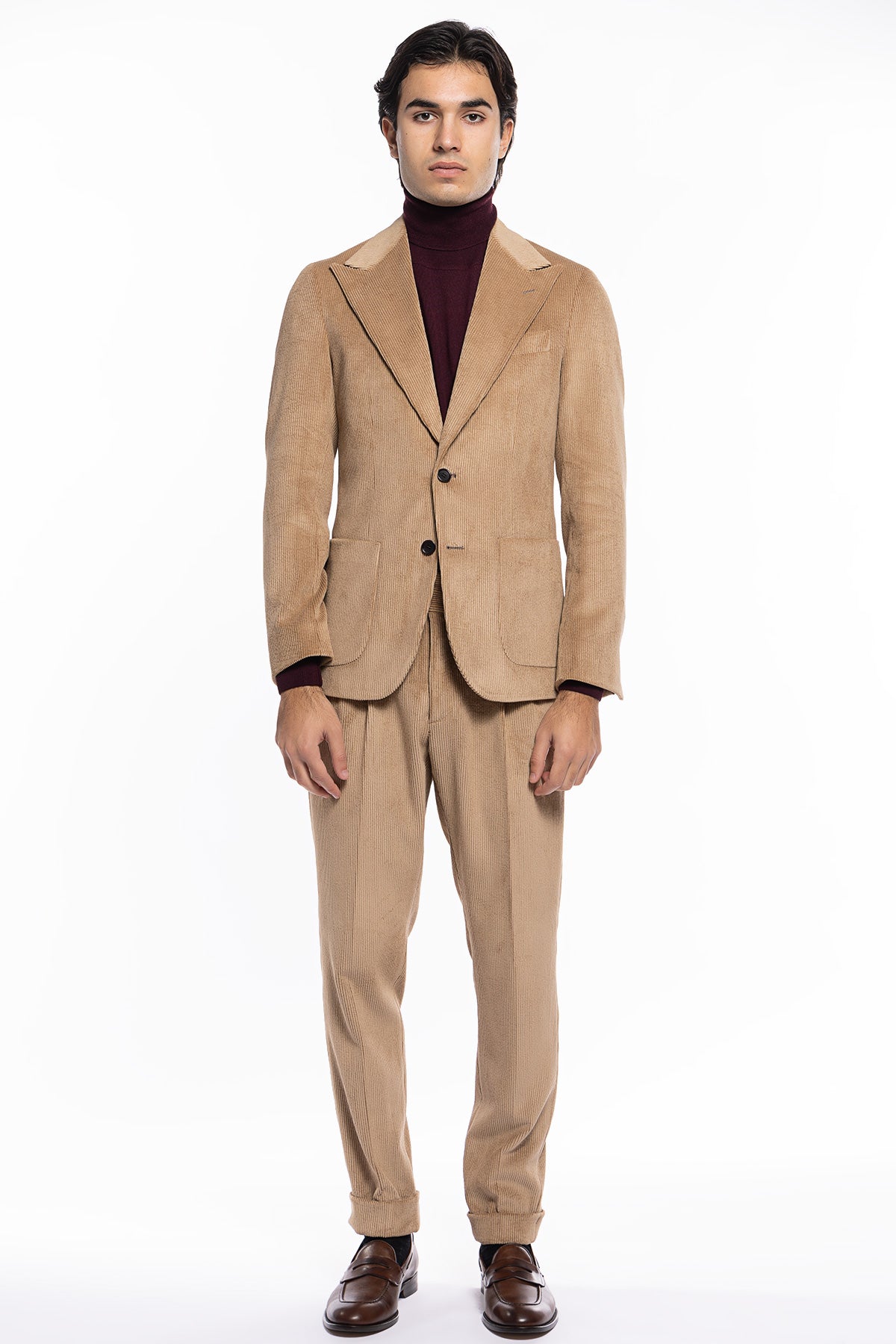 Abito uomo monopetto beige in velluto a costine strette Rever a lancia tasche a toppe