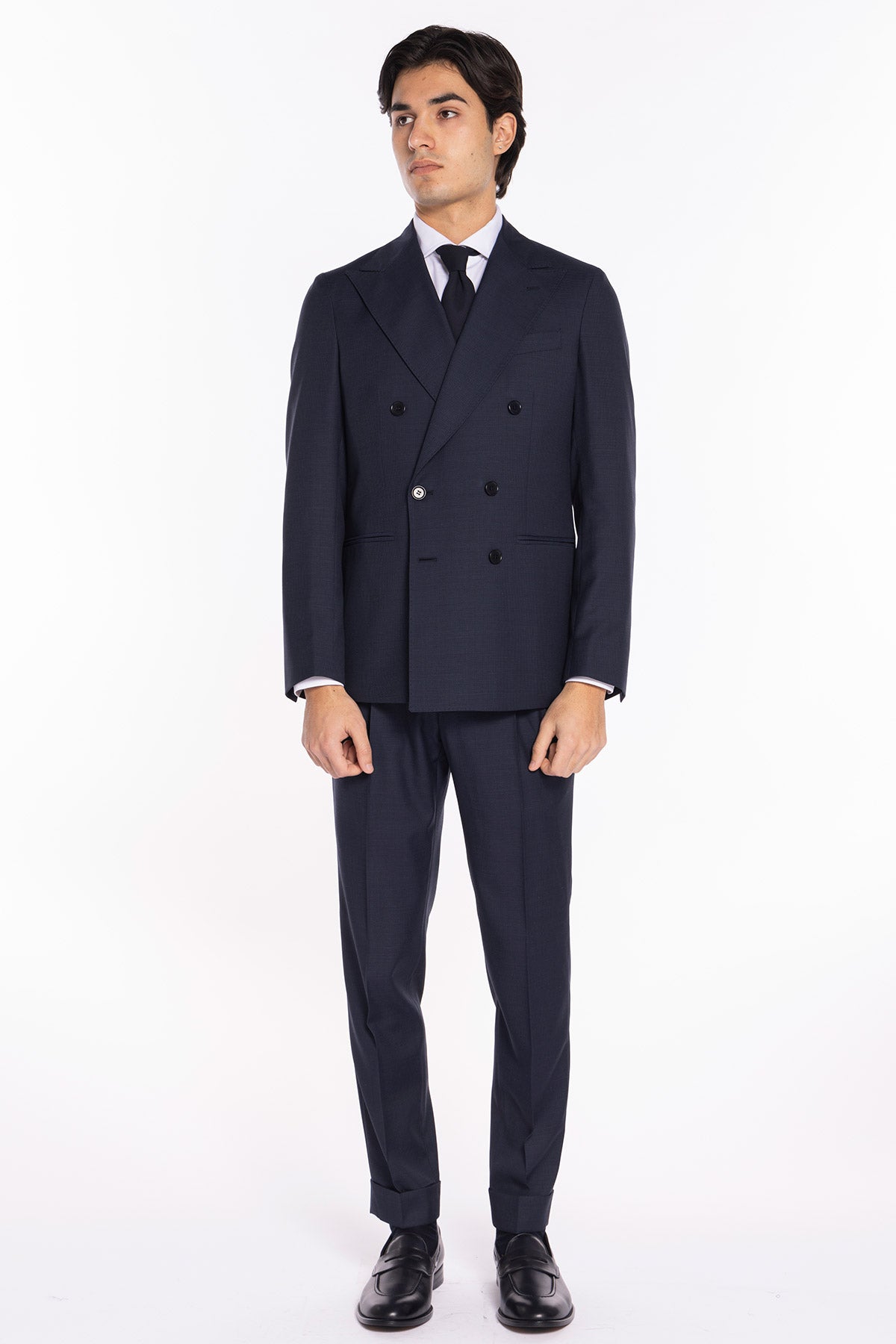 Abito uomo doppiopetto blu pied de poule in fresco lana super 120's Holland &amp; Sherry rever a lancia larga
