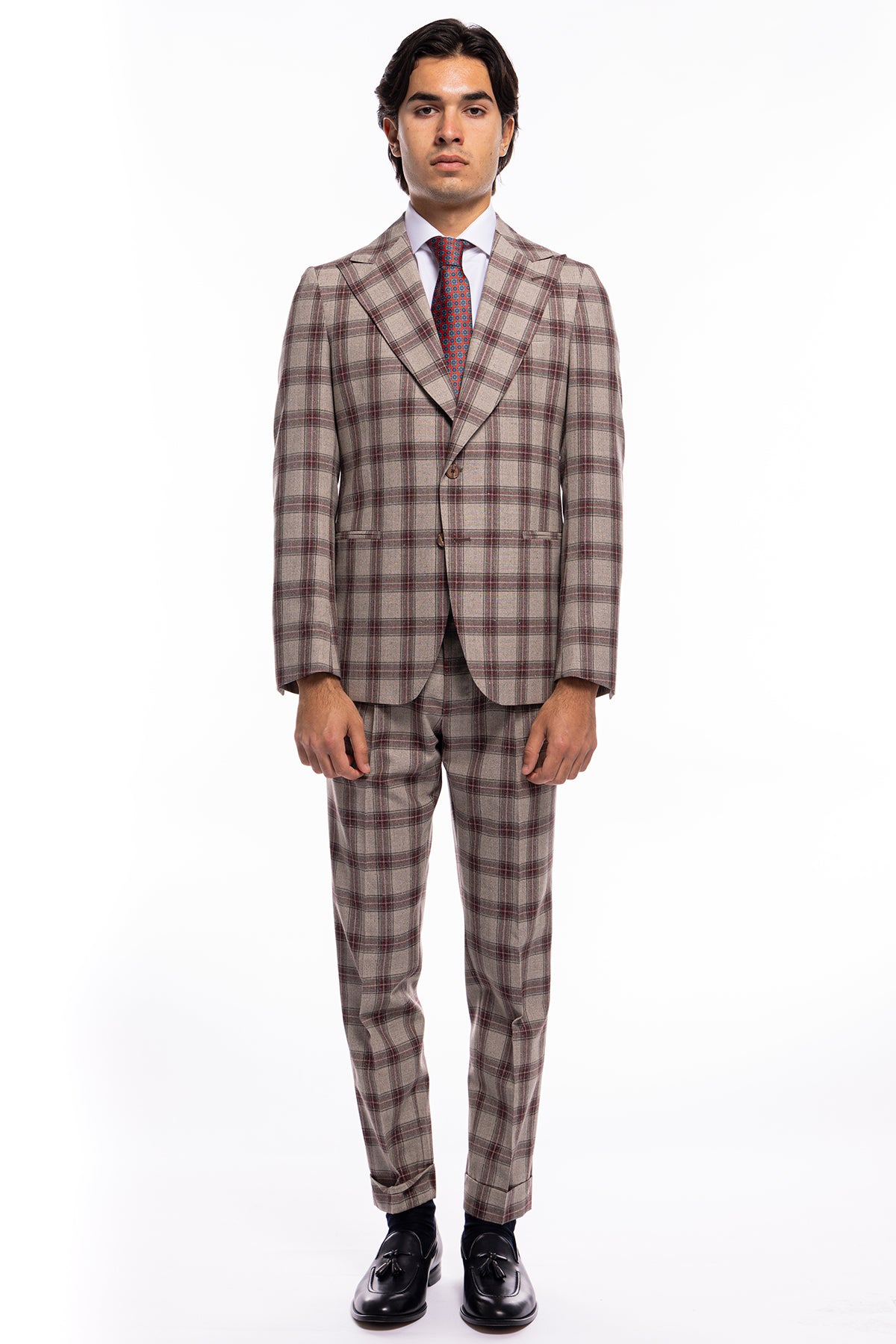 Abito uomo monopetto beige a quadri bordeaux lana e seta Vitale Barberis Canonico Rever largo a lancia