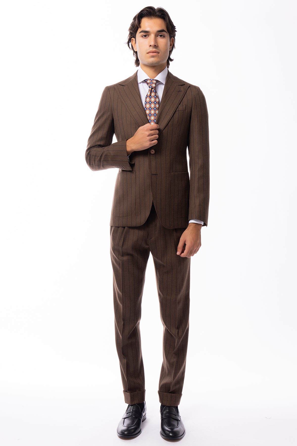 Abito uomo monopetto marrone gessata in lana Flanella Holland & Sherry slim fit rever a lancia largo.
