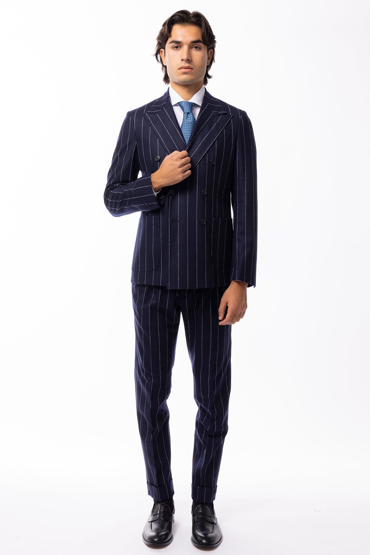 Abito uomo Doppiopetto blu Gessata in lana Flanella Vitale Barberis Canonico slim fit rever largo sartoriale