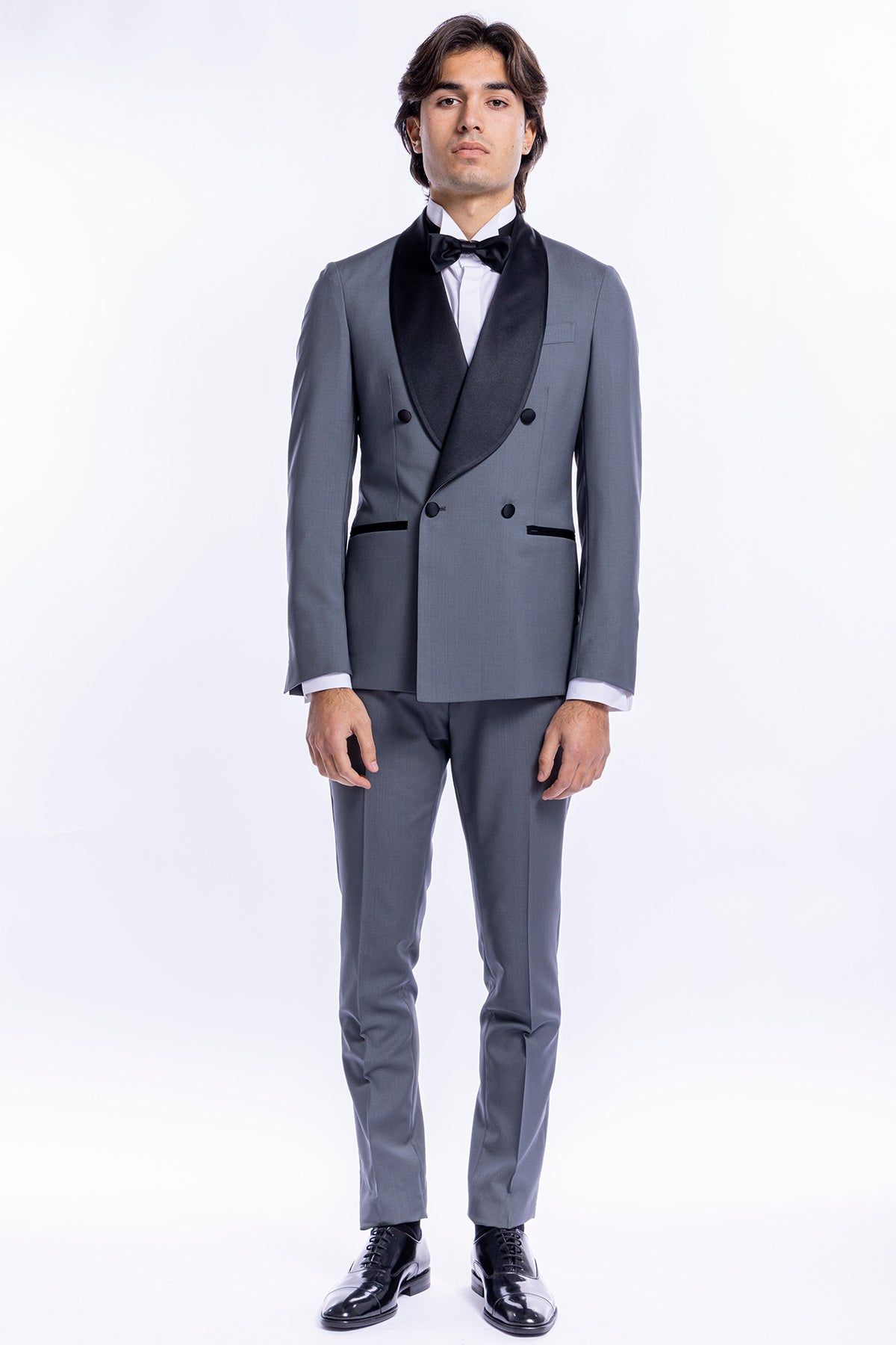 Abito smoking Doppiopetto grigio chiaro da uomo in fresco lana super 130's Vitale Barberis Canonico con rever a scialle largo in raso nero