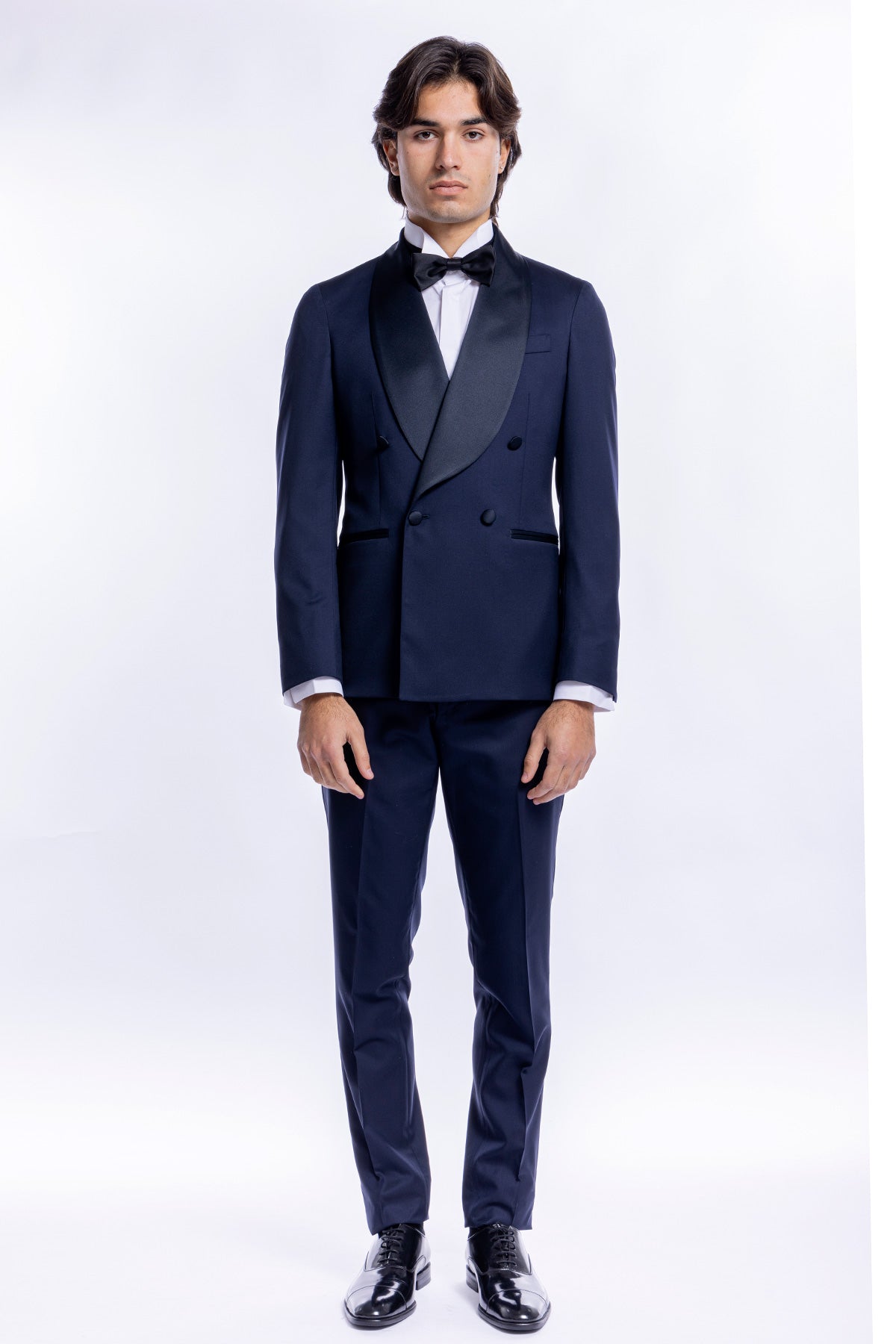 Abito smoking Doppiopetto blu da uomo in fresco lana super 130's Vitale Barberis Canonico con rever a scialle largo in raso