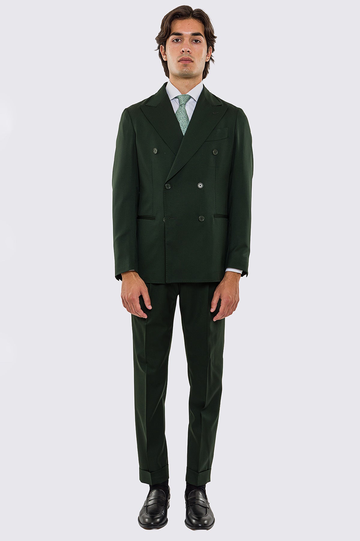 Abito uomo doppiopetto verde scuro fresco lana super 130's Vitale Barberis Canonico sfoderata Rever a lancia tasche a filo