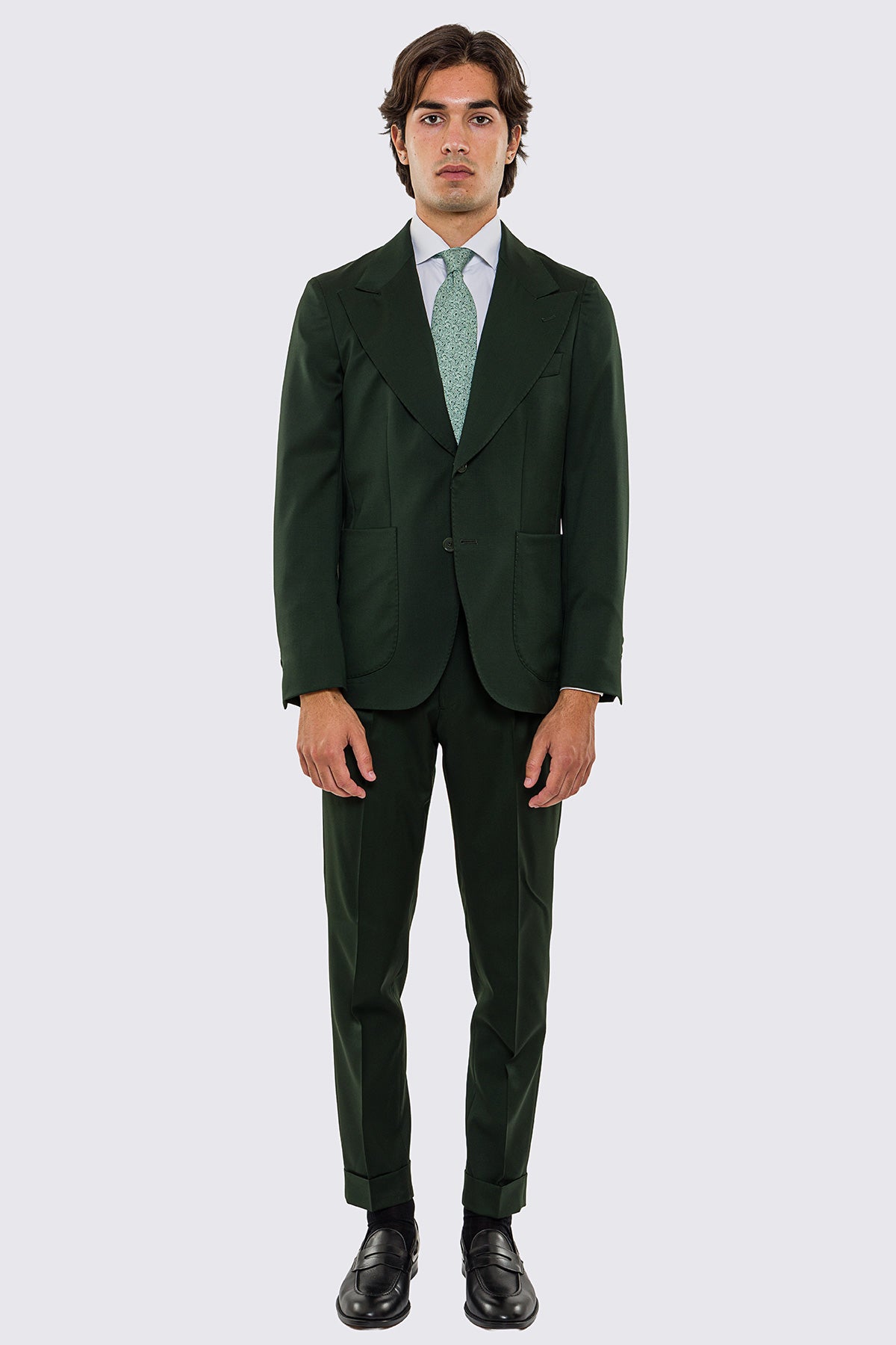 Abito uomo Monopetto verde scuro fresco lana super 130's Vitale Barberis Canonico sfoderata Rever a lancia tasche a toppe