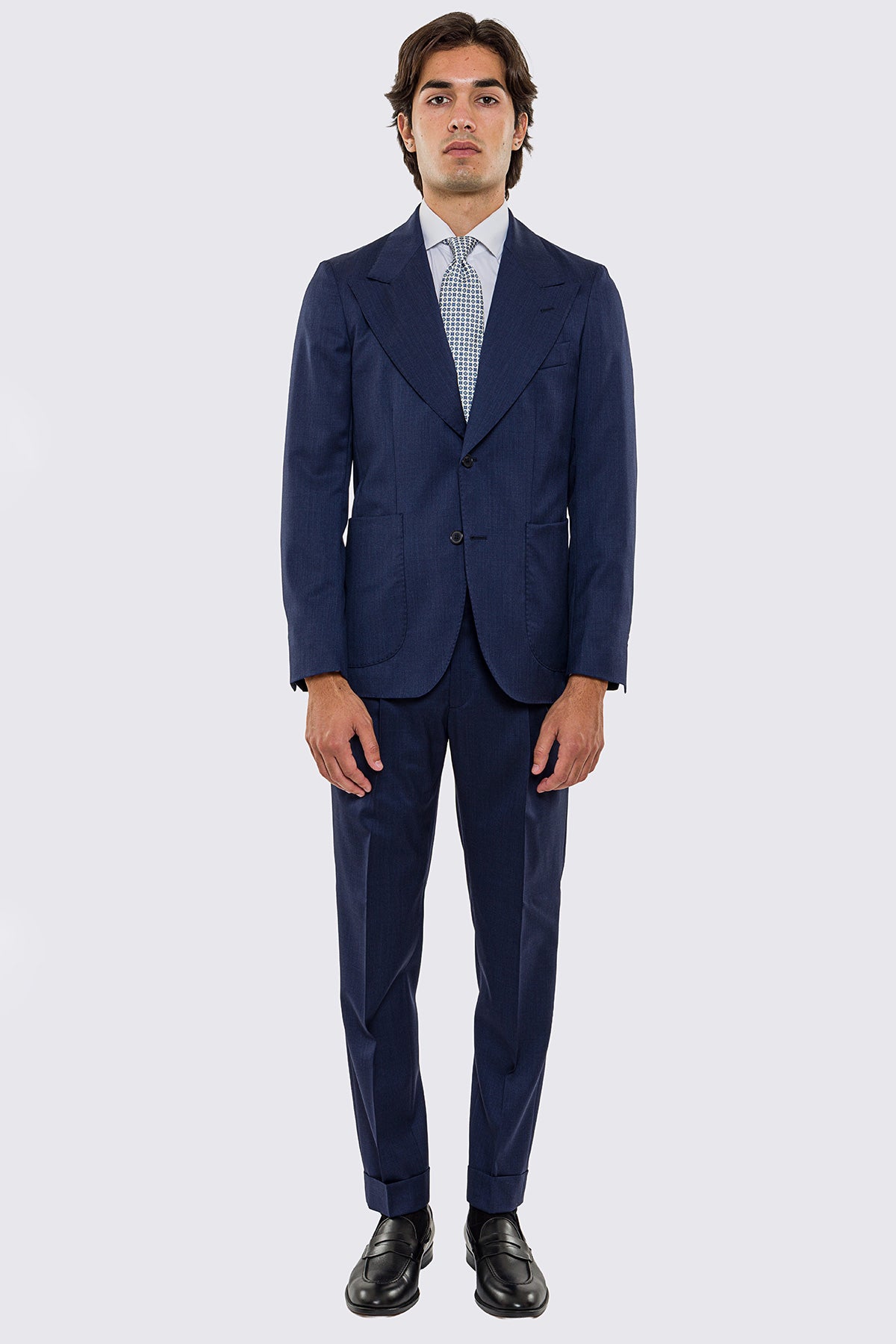 Abito uomo Monopetto blu denim fresco lana super 130's Vitale Barberis Canonico sfoderata Rever a lancia tasche a toppe