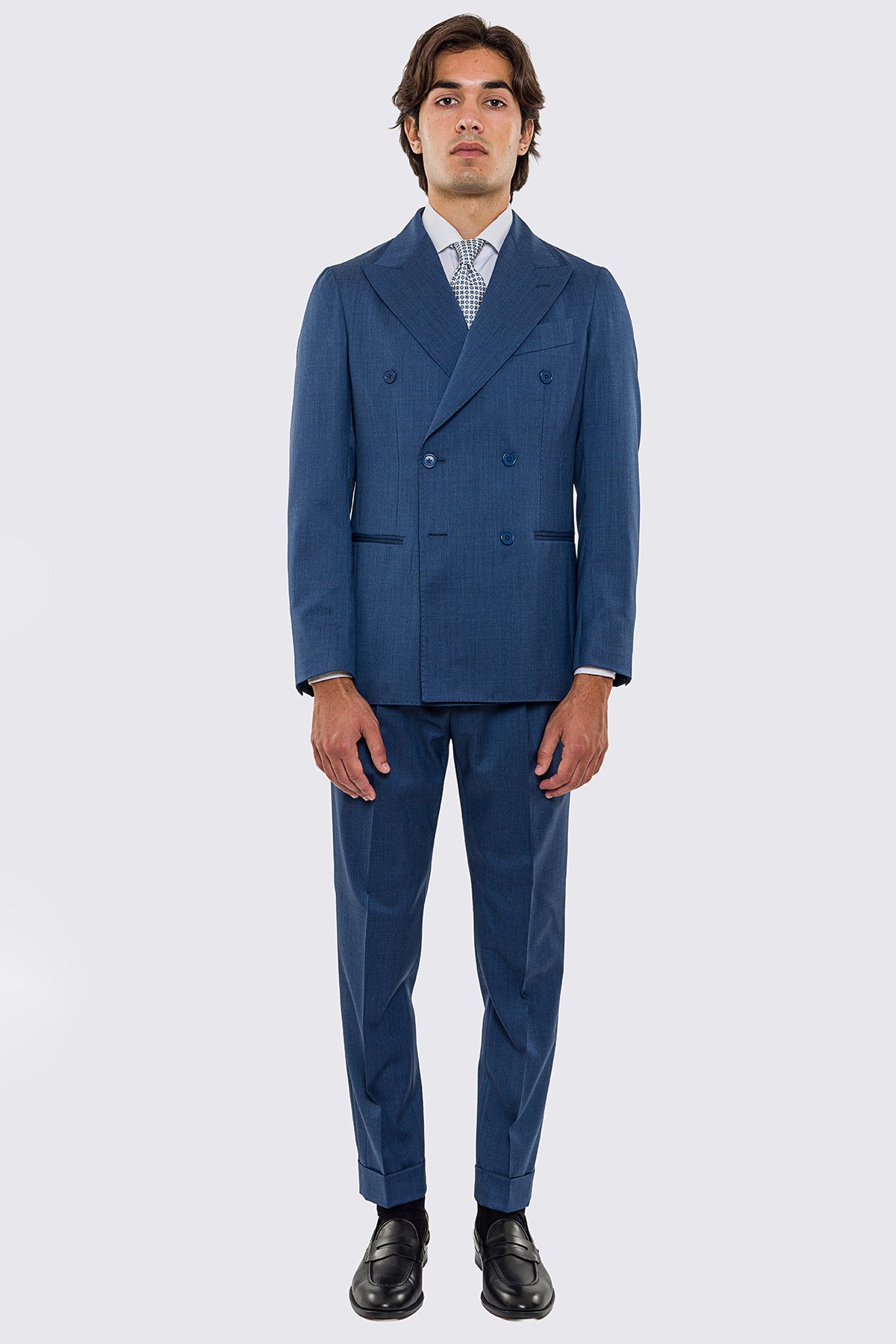 Abito uomo doppiopetto Denim fresco lana super 130's Vitale Barberis Canonico sfoderata Rever a lancia tasche a filo