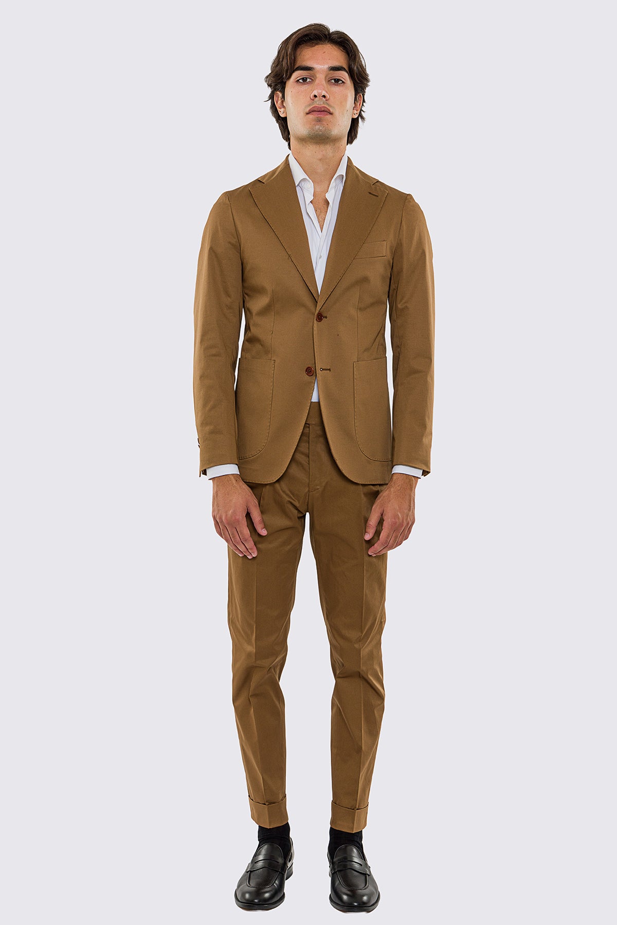 Abito uomo Monopetto coccio in cotone leggermente elastico sfoderata Rever classico 11 cm tasche a toppe