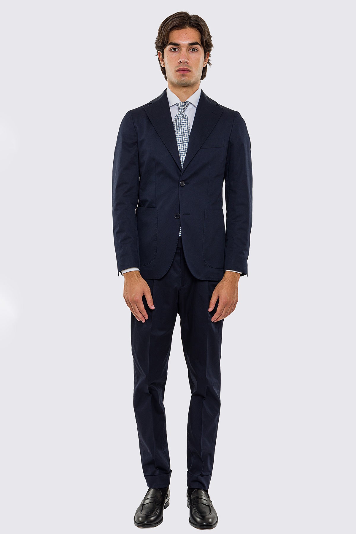 Abito uomo Monopetto blu in cotone leggermente elastico sfoderata Rever classico 11 cm tasche a toppe