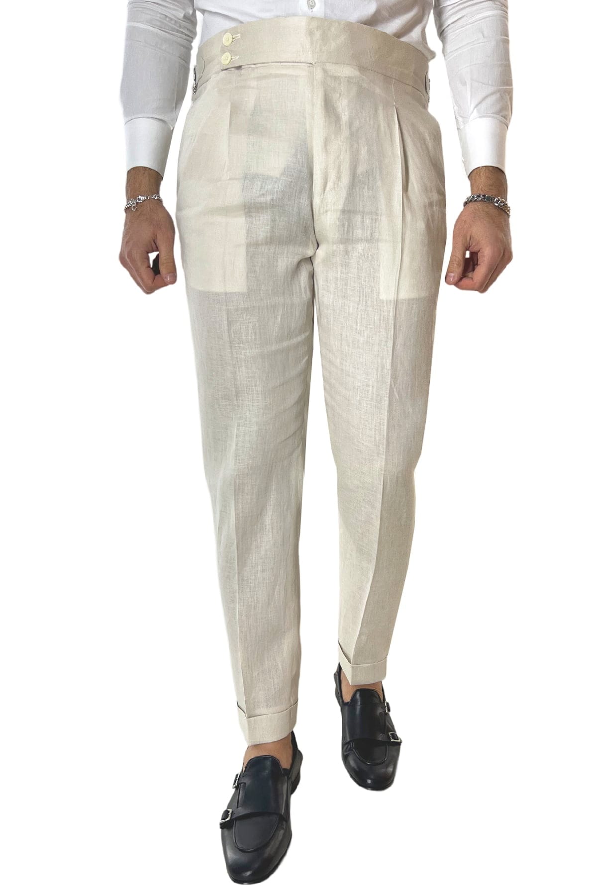 Pantalone uomo beige in lino 100% vita alta con pinces fibbie laterali e risvolto 4cm