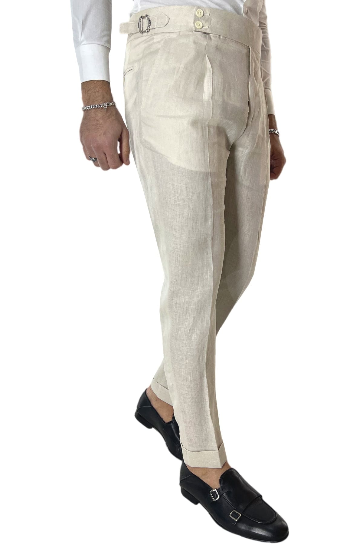 Pantalone uomo beige in lino 100% vita alta con pinces fibbie laterali e risvolto 4cm