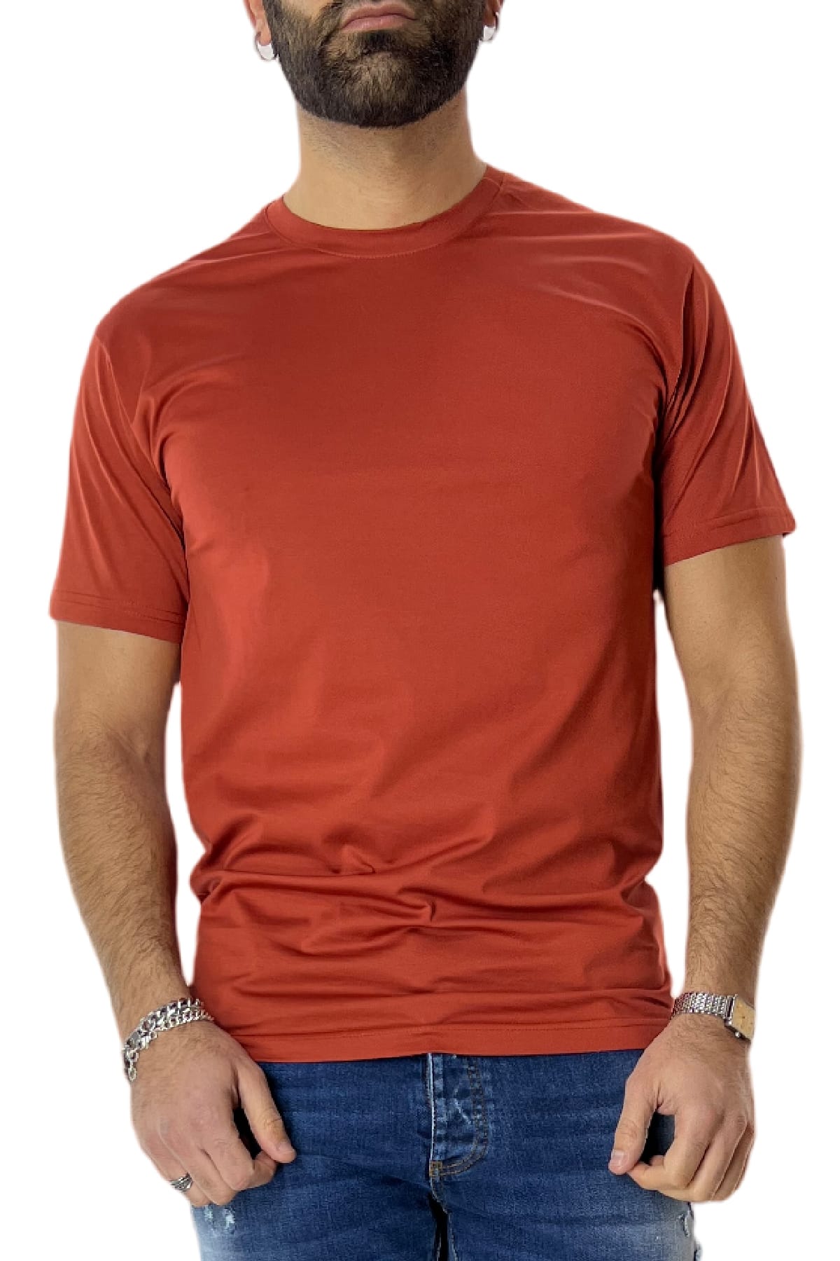 T-shirt da uomo Arancio in cotone 100%  Filo di scozia slim fit tinta unita Made In Italy