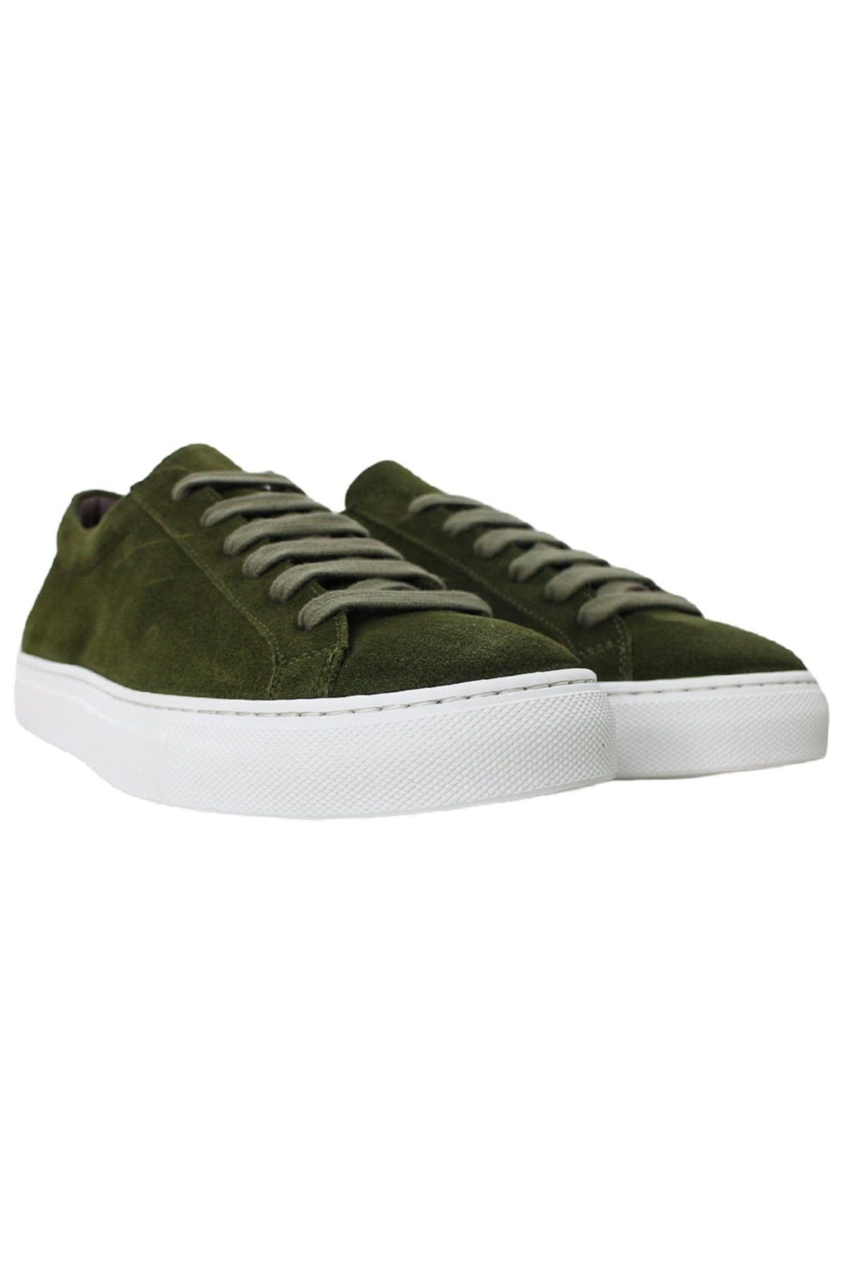 Sneakers uomo verde militare in camoscio con suola in gomma bianca made in italy