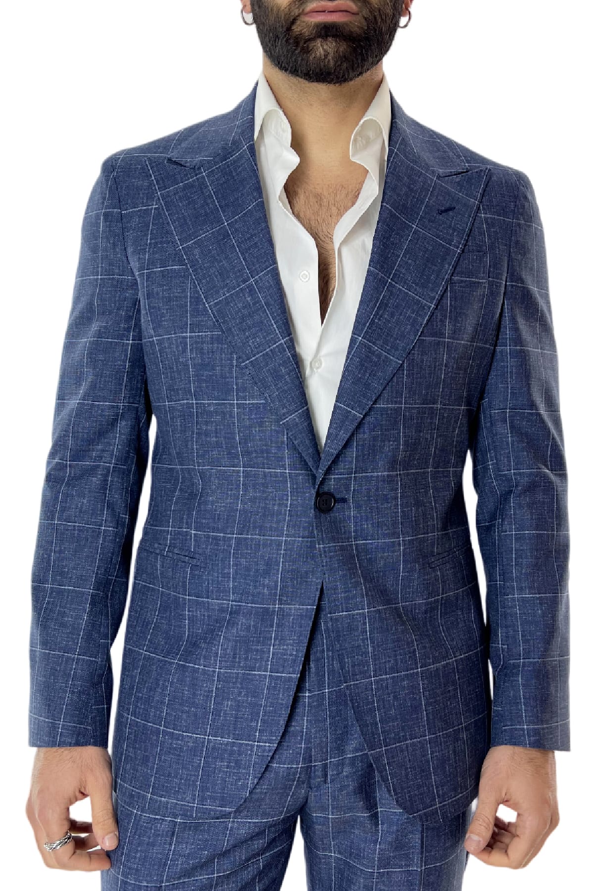 Giacca uomo monopetto blu denim fantasia quadri fresco lana 250 grammi Vitale Barberis
