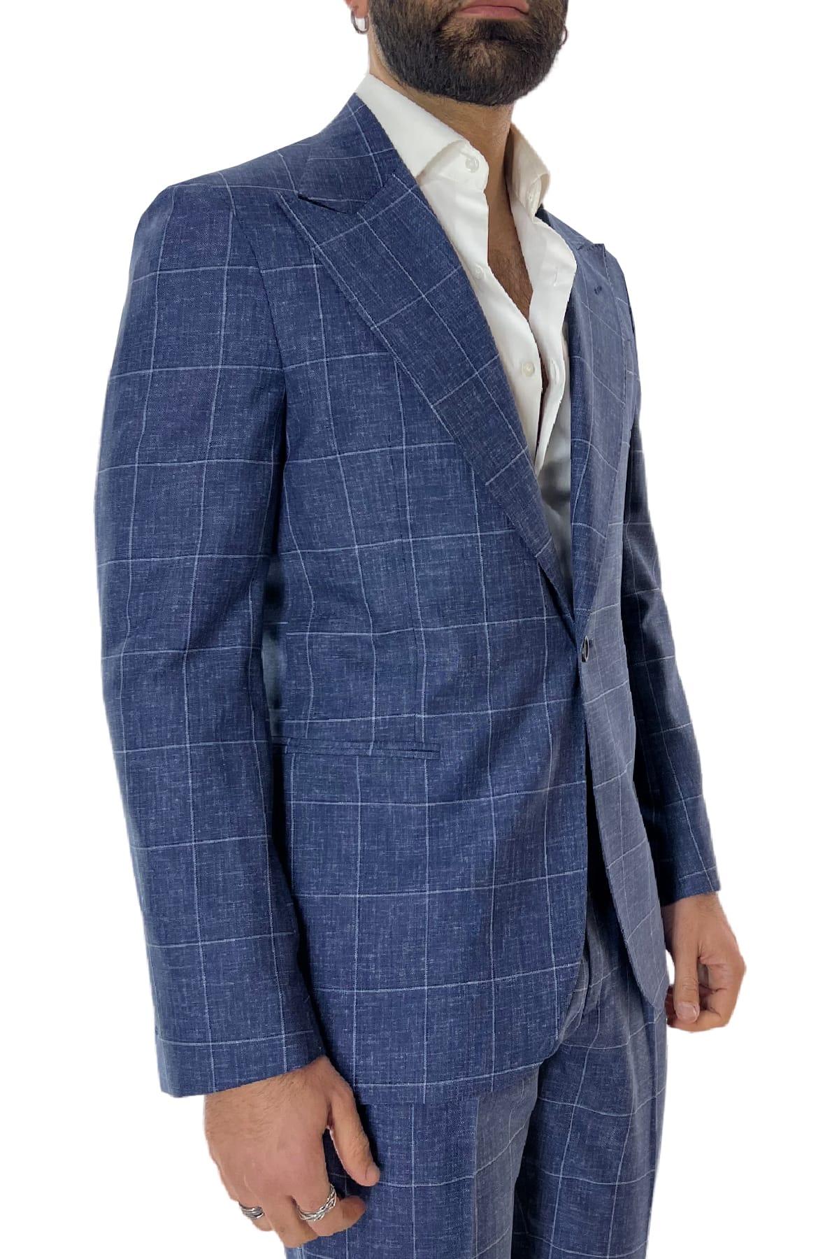 Giacca uomo monopetto blu denim fantasia quadri fresco lana 250 grammi Vitale Barberis