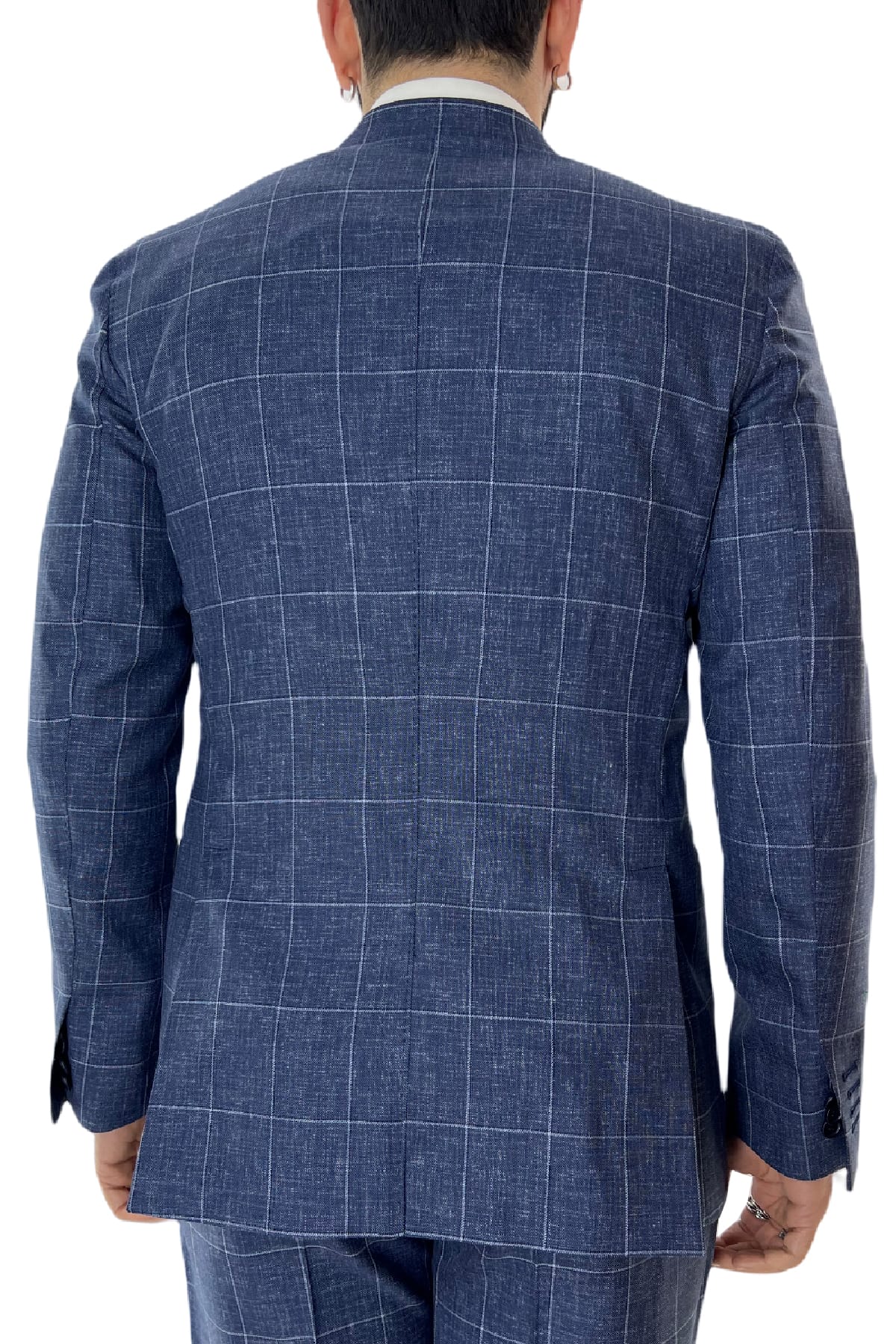 Giacca uomo monopetto blu denim fantasia quadri fresco lana 250 grammi Vitale Barberis