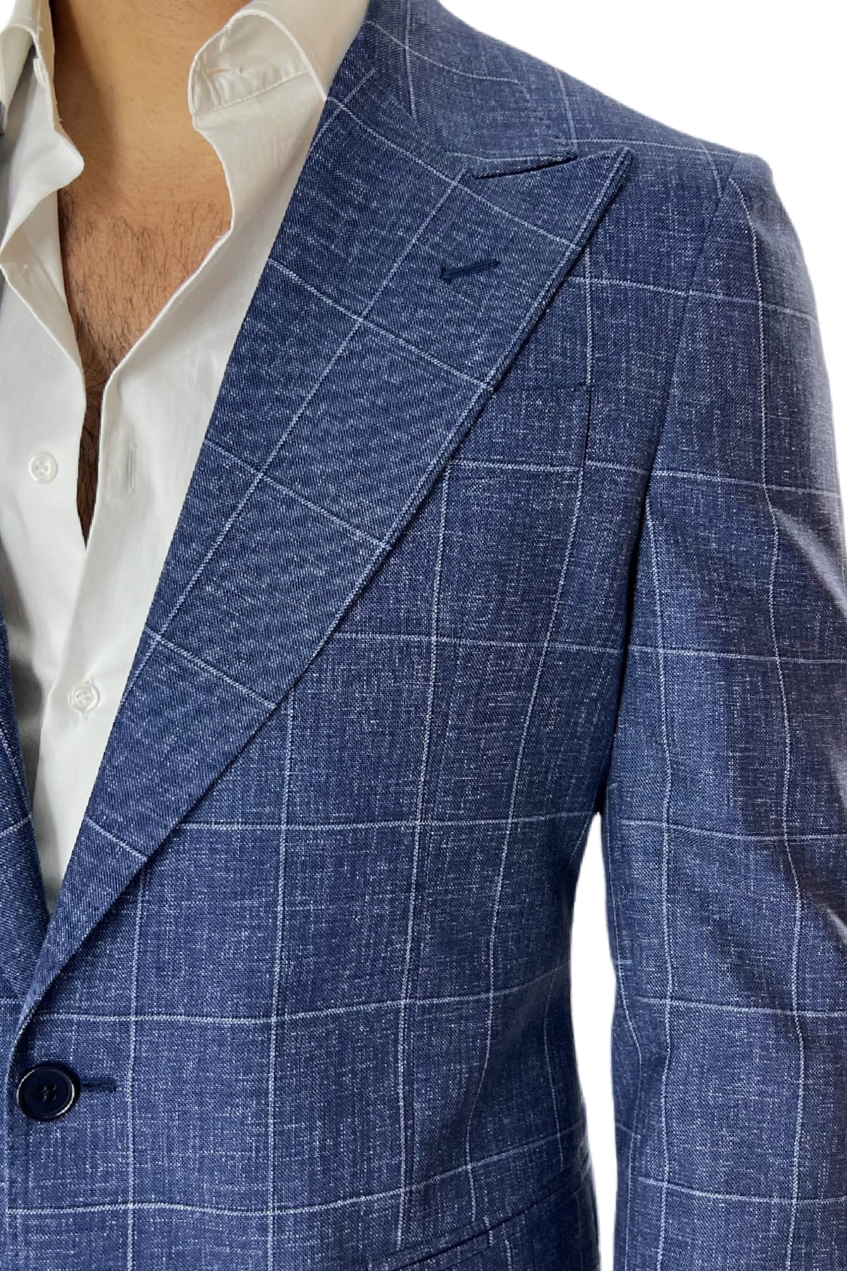 Giacca uomo monopetto blu denim fantasia quadri fresco lana 250 grammi Vitale Barberis